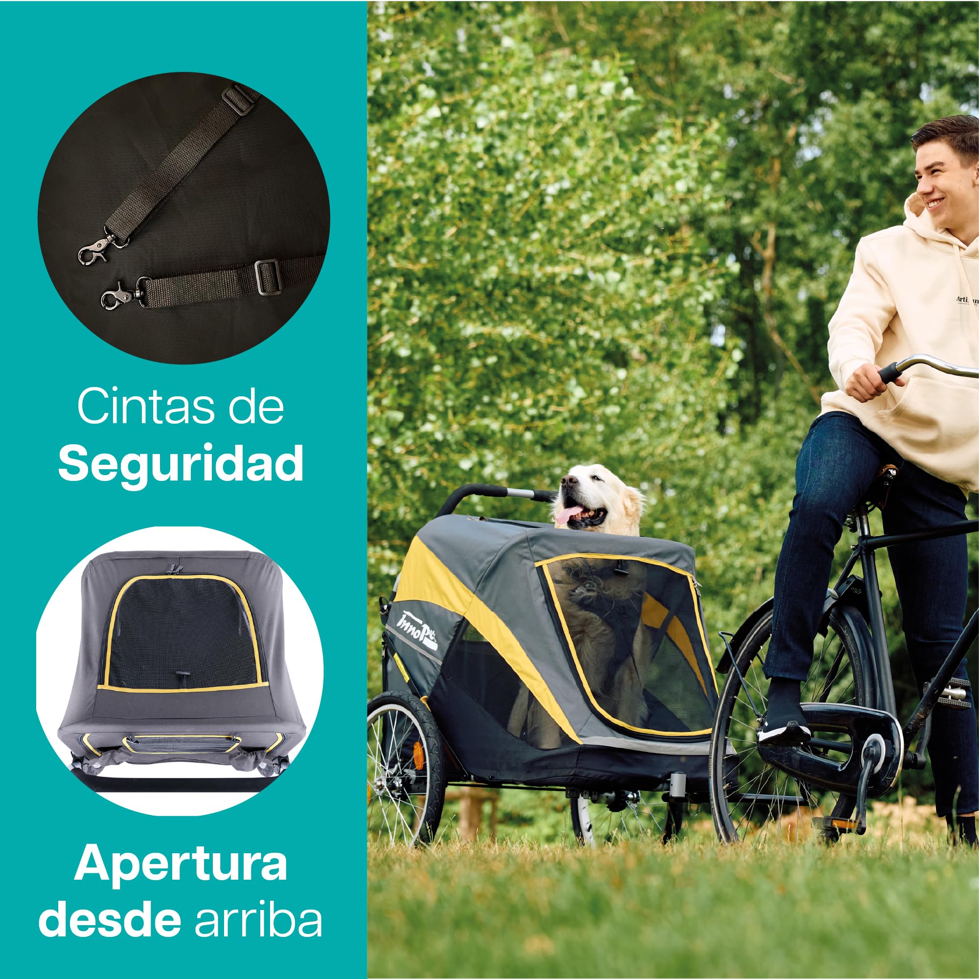 InnoPet Hercules 2 en 1 Cochecito y Remolque para Perros Amarillo Gris con Barra para Bicicleta, Ruedas de Aire de 20 Pulgadas, Estructura Robusta e Incluye Funda para Lluvia