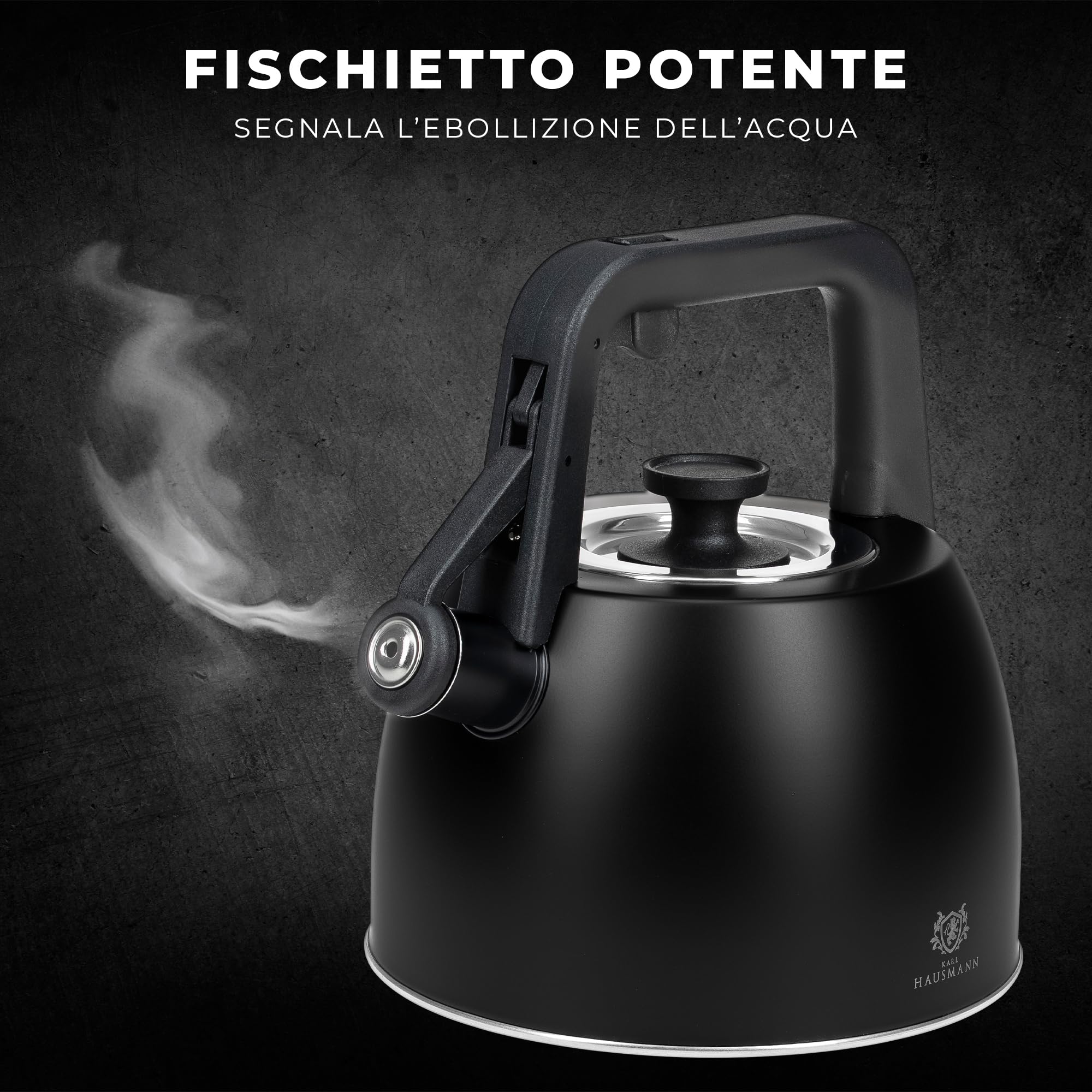 KARL HAUSMANN Bollitore Induzione 2,5L Acciaio Inox con Fischio - Teiera per Piano a Gas, Vetroceramica ed Elettrico - Bollitore Acqua Cucina con Coperchio (Nero)