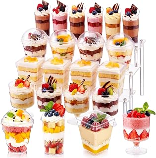 380 Mini Dessert Cups with Spoons and Lids, and 2 Three Layer Acrylic Display, 5 oz Parfait Cups, 3 oz Slanted Dessert Shooters, Small Reusable for Party Fruit Ice Cream Cake Pudding Yogurt