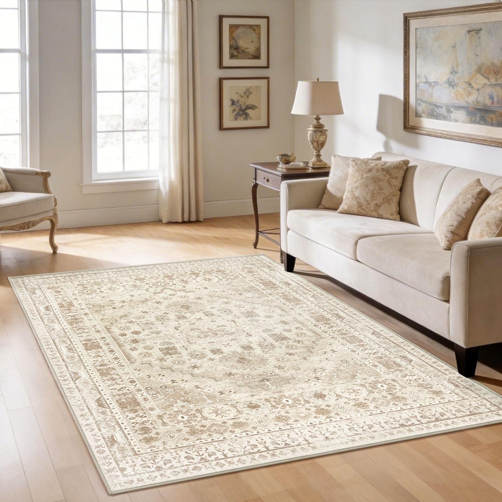 Capslpad Vintage Teppich Wohnzimmer 120x180cm, Kurzflor rutschfest Waschbarer Teppiche, Weich Boho Wohnzimmerteppich für Schlafzimmer Büro Esszimmer, Beige