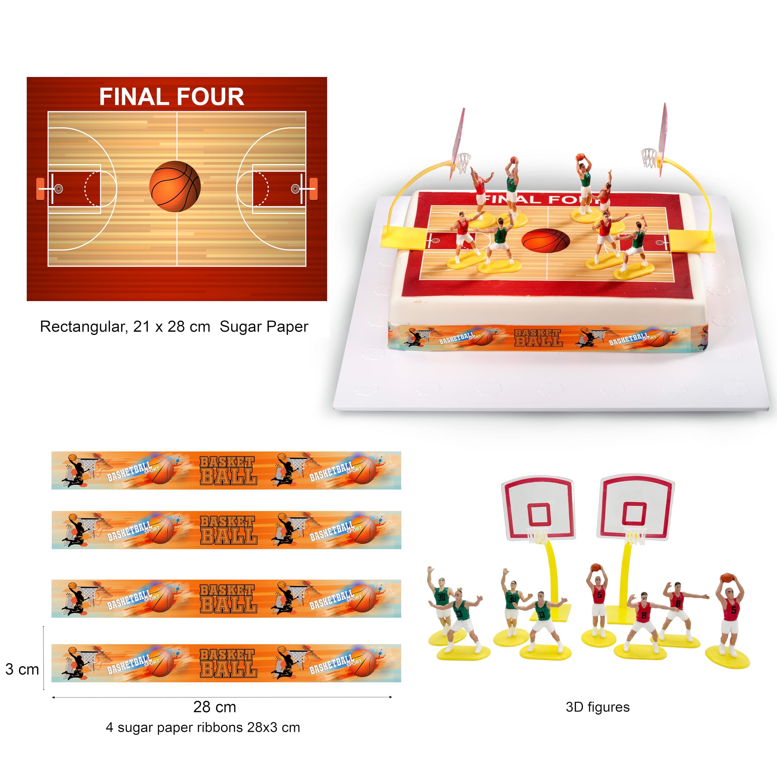 Basketball Cialda per Torte in Pasta di Zucchero - Ostia Decorativa Commestibile per Torta - Divertenti Decorazioni - 21x28 cm + 4 Nastri 28x4cm + 10 Figurine 3D