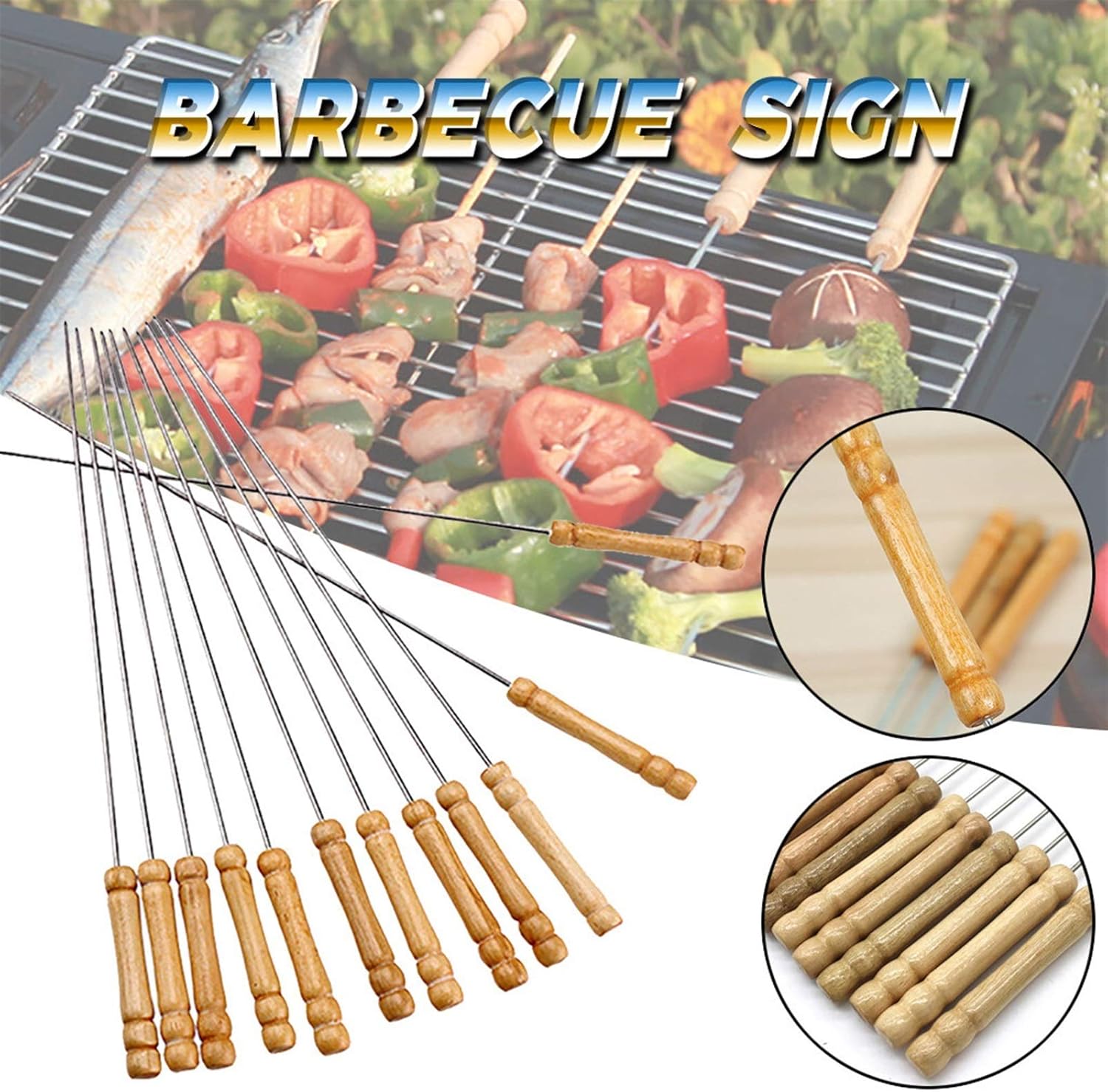 Skewers 12pc BBQ Needle Stainless Steel Wooden Handle Outdoor BBQ Needle Multifunctional BBQ Needle (Color : Brown)