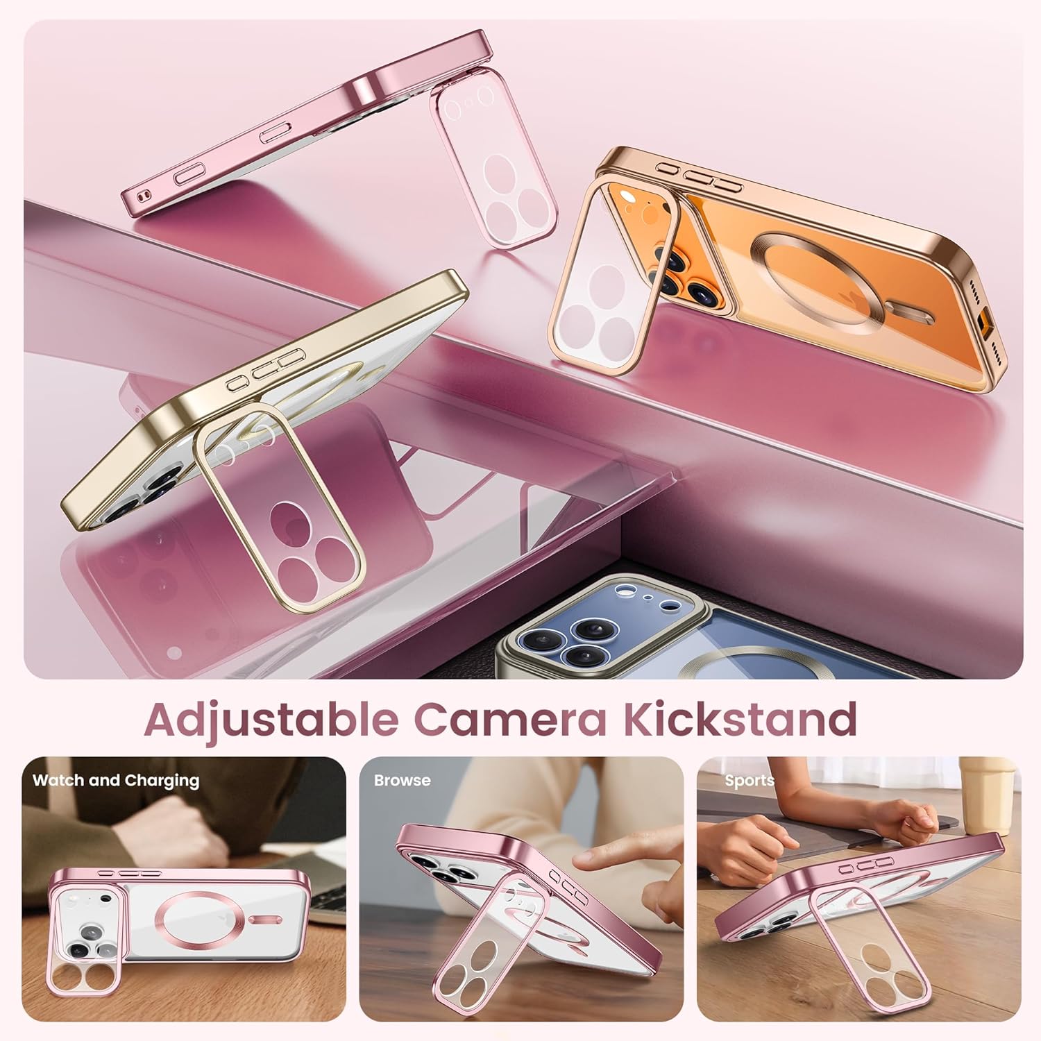 GolbinBox for iPhone 17 Pro Max Case with Stand, Compatible with MagSafe, Camera Control Button, Military-Grade Shockproof Protection, Plating Edge Phone Cover for 17 Pro Max 6.9'', Pink/Clear