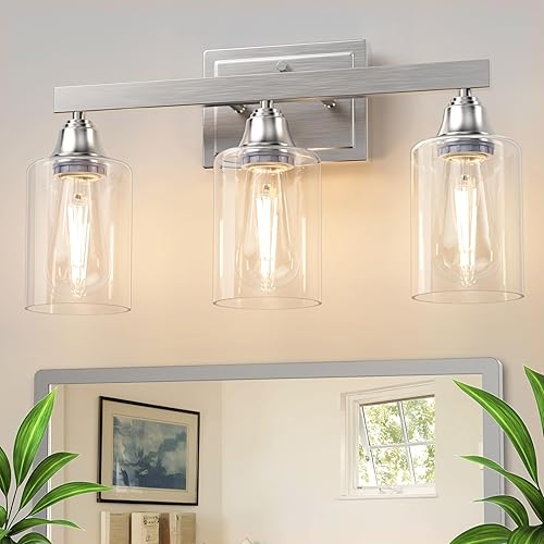 VOLISUN Lámparas de baño de níquel cepillado, 3 luces de tocador de baño sobre espejo, modernas luces de tocador para baños, accesorios de