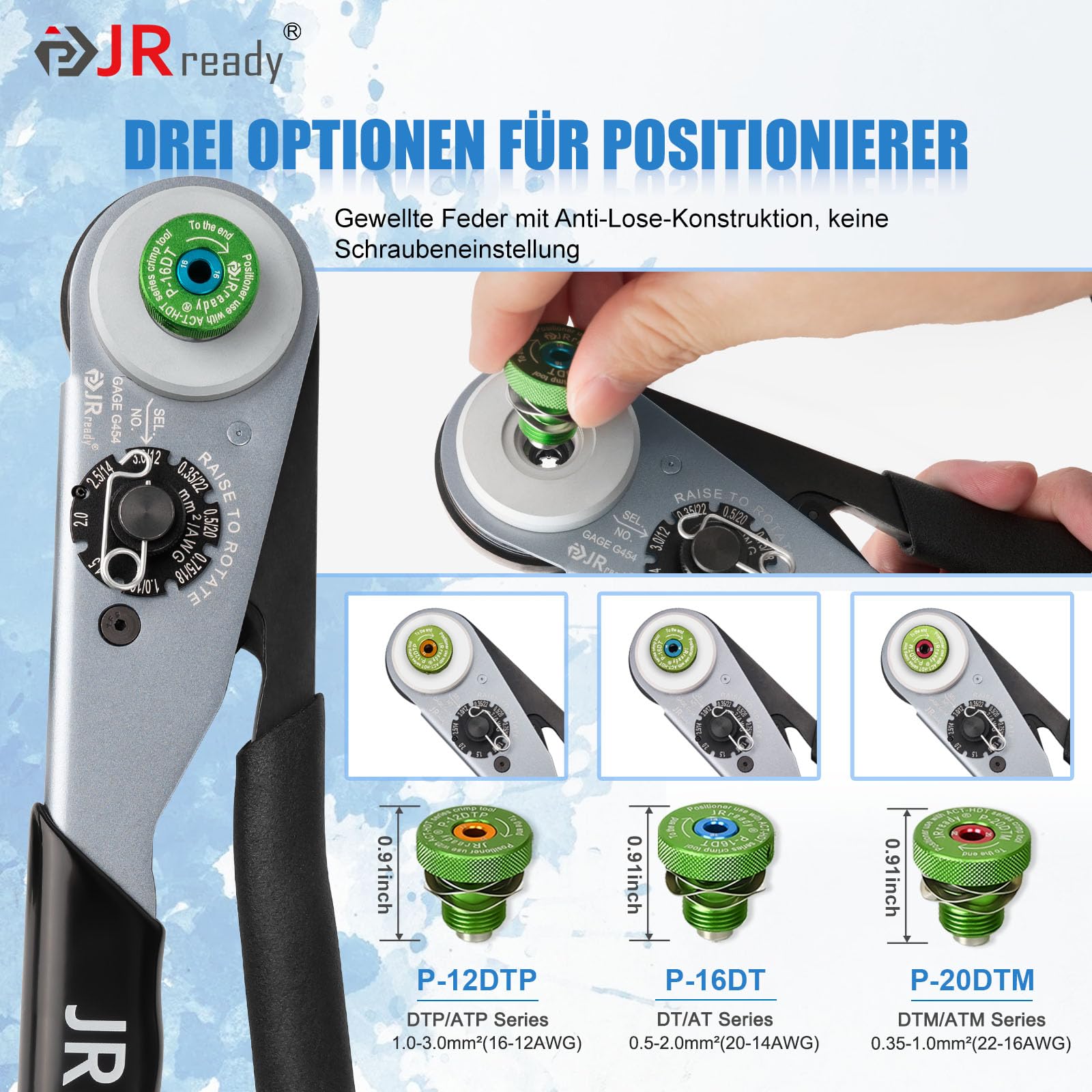JRready ST2180 Deutsch Crimpzange, DT,DTM,DTP Steckverbinder Crimpzange mit drei Positionierern, 0.35-3mm² ACT-HDT Crimpwerkzeug für Auto
