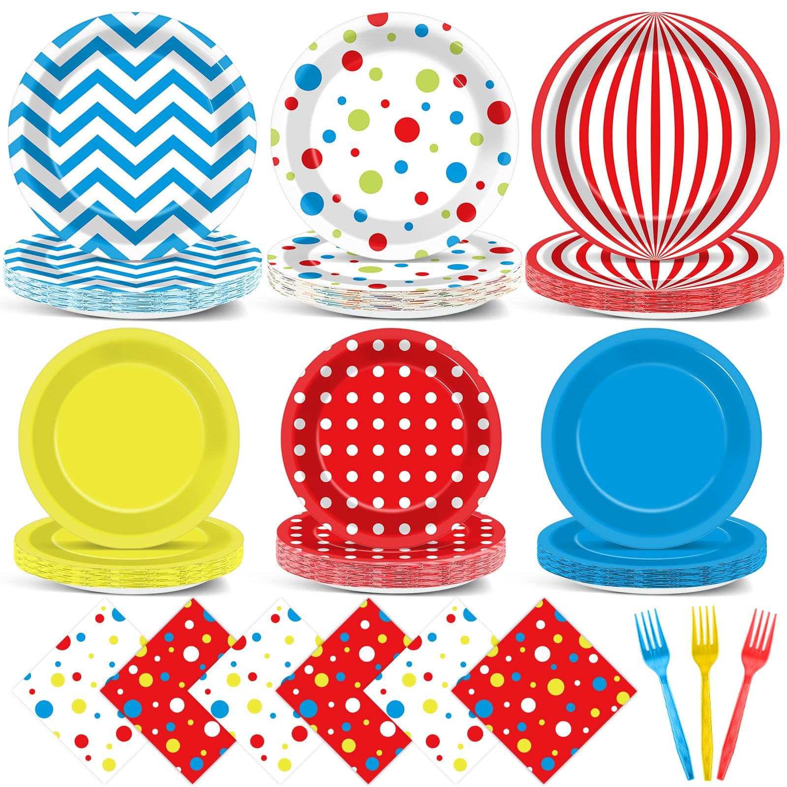 Justforjoyful 96Pcs Carnival Party Supplies Circus Theme Plates Napkins Tableware Set Red Blue Carnival Party Decorations Dinnerware for Kids Birthday