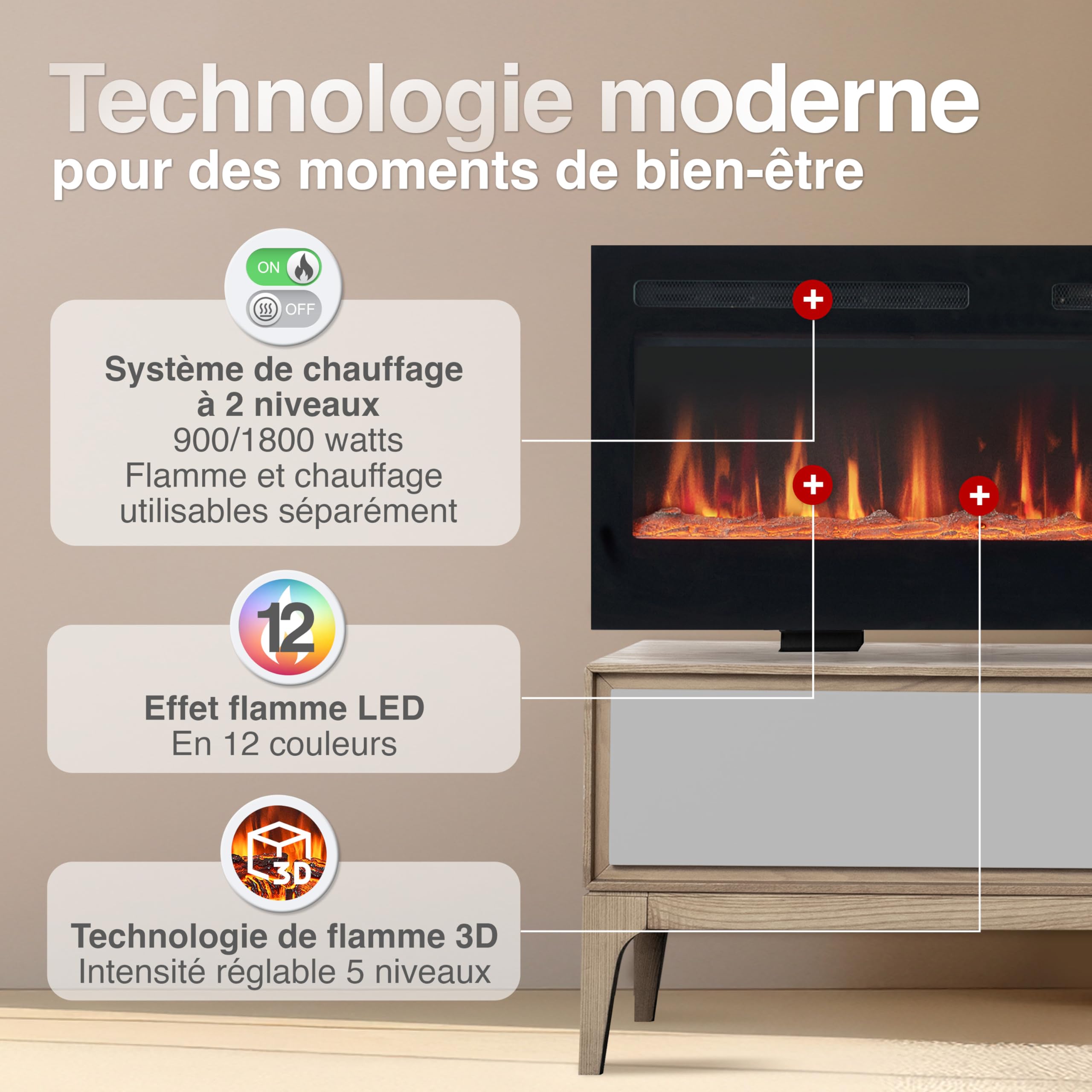 KAMINIO Cheminée Electrique Marlon - Cheminée Électrique 3-en-1 avec Chauffage, Effet de Flamme 3D, 12 Couleurs de Flammes, télécommande (60 Pouces) - 3
