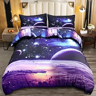 Planet Duvet Cover Double Size Set - Galaxy Purple Bedding Set,Starry Sky Outer Space Universe Quilt Cover, Ultra Soft Breathable Reversible Microfiber Polyester Comforter Cover with Pillowcases