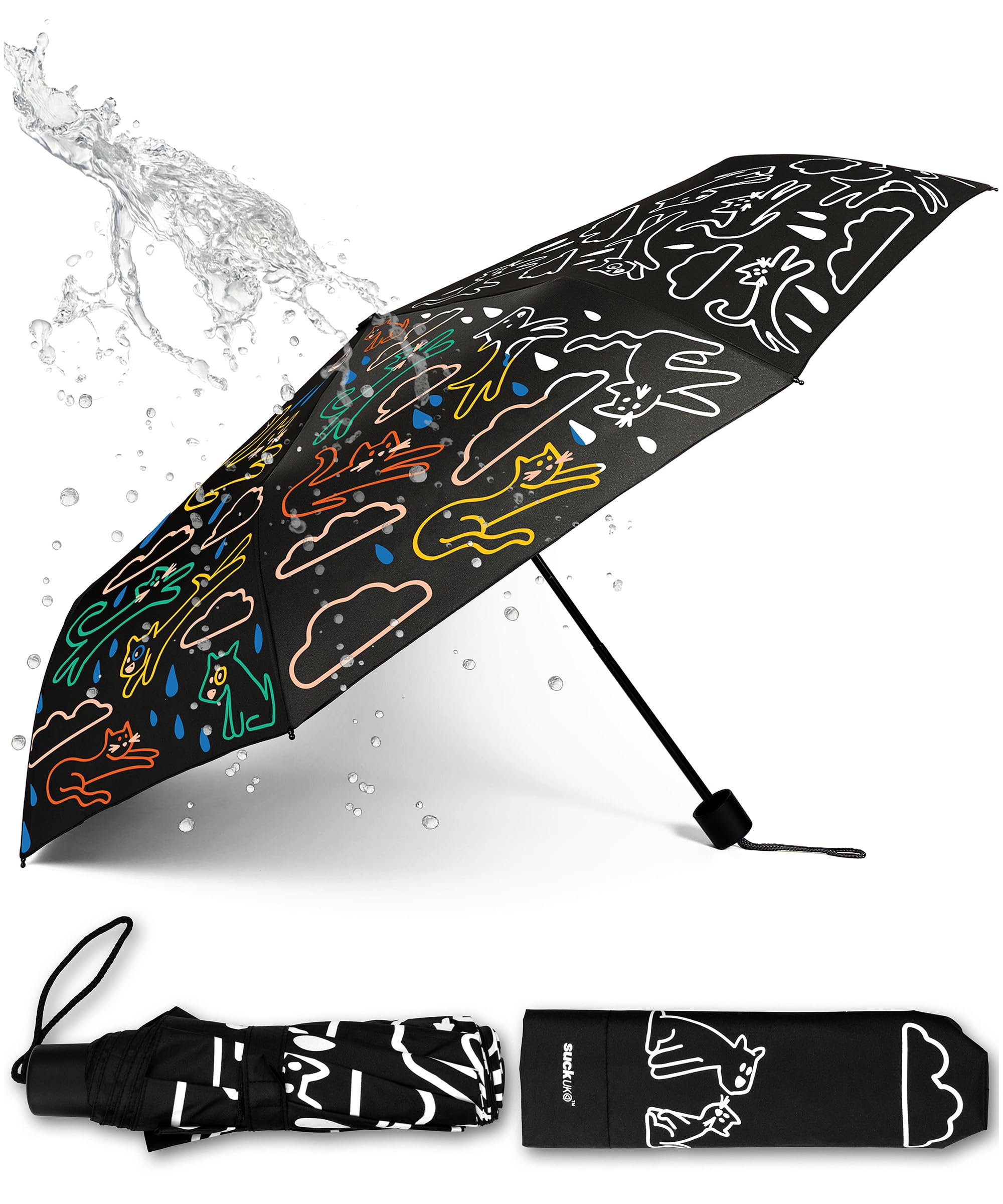 Suck UK Paraguas que cambia de color, gatos y perros lloviendo, regalos de perro salchicha, paraguas plegable y resistente al viento, paraguas compacto para mujer, mango de agarre suave, 100 cm de