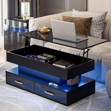 IKIFLY High Gloss LED Lift Top Coffee Table with Storage, 2 Drawers, Black