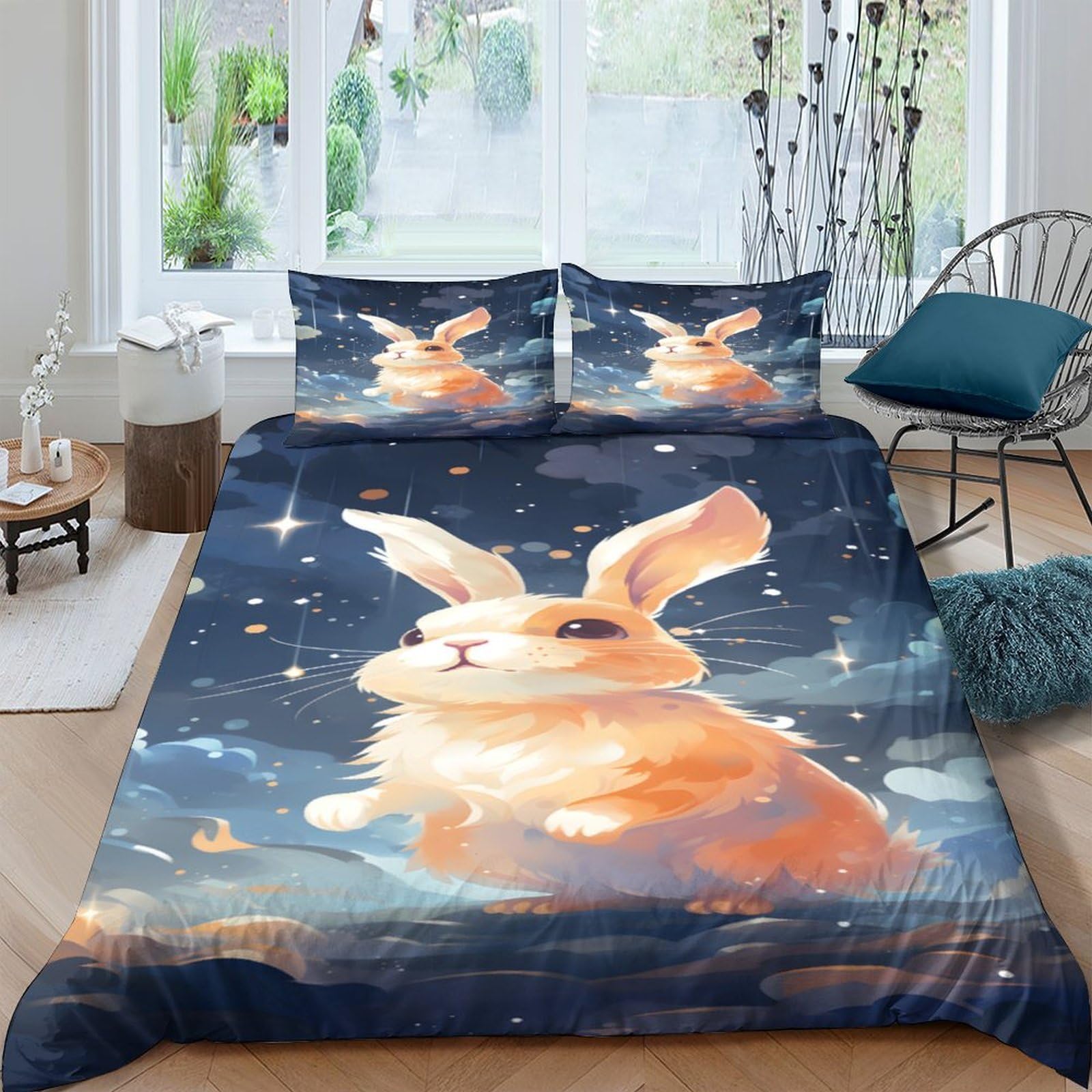 GPLZQXKJNH 3D Printed Rabbit Moon Duvet Cover Microfiber Soft Breathable Starry Sky Bedding Set with 2 Pillowcases for Bedroom Decor Single（135x200cm）