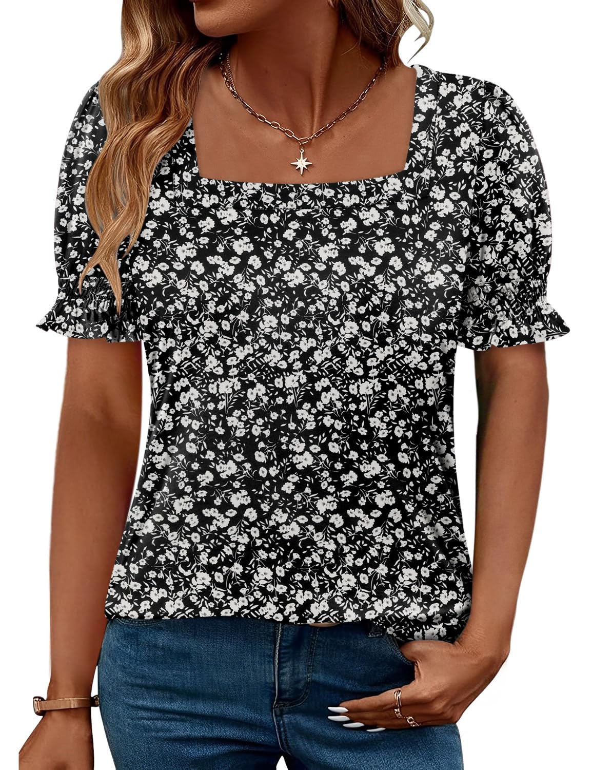 CRAZY GRID Womens Trendy Summer Tops Puff Sleeve Loose Fit Shirts Dressy Casual Blouses