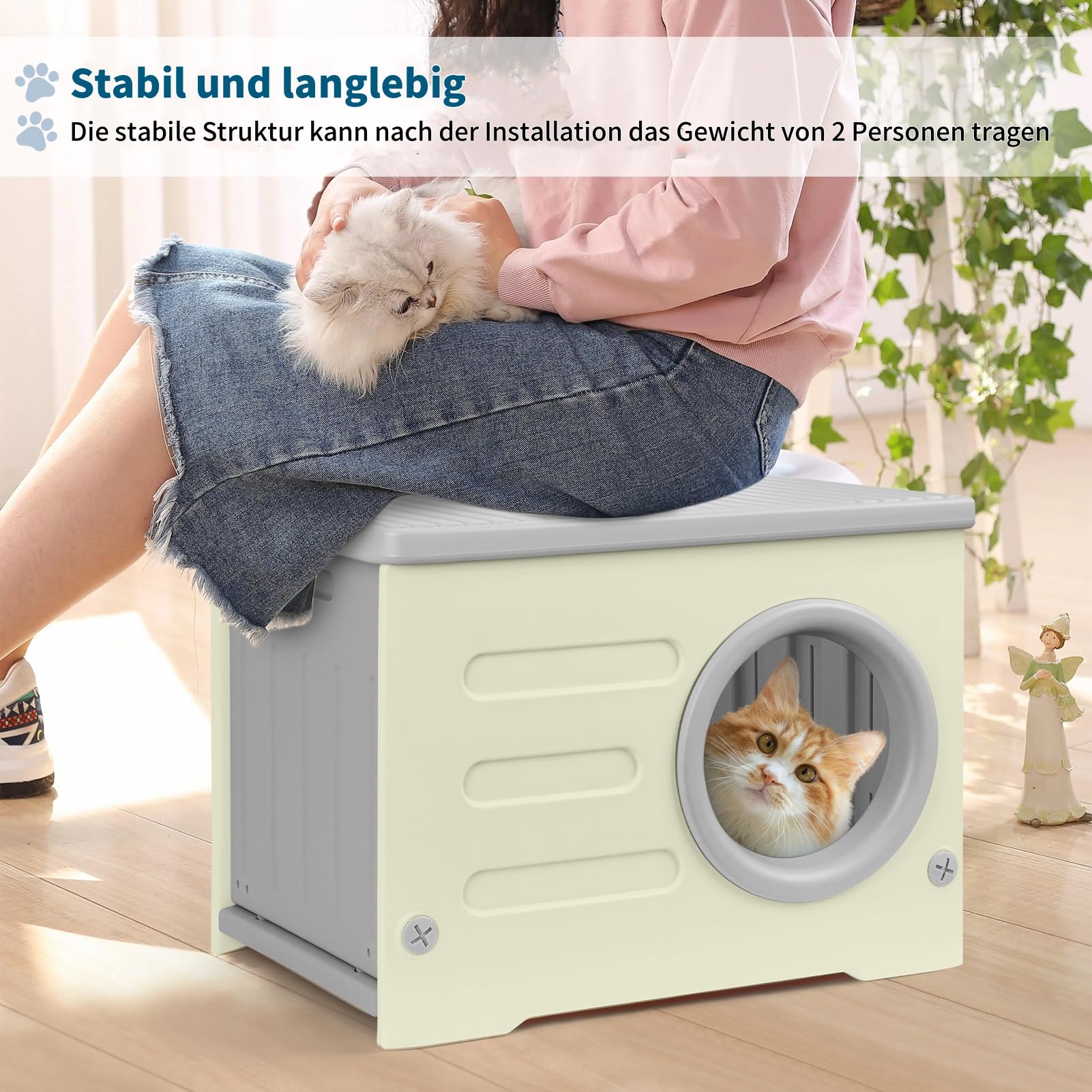 Kunststoff-Katzenhaus für Den Innen- und Außenbereich Wetterfester Unterstand Erhöhtes Design mit Doppelseitigen Matten Katzenhaus für Alle Jahreszeiten (Grau, 54 * 41 * 38)