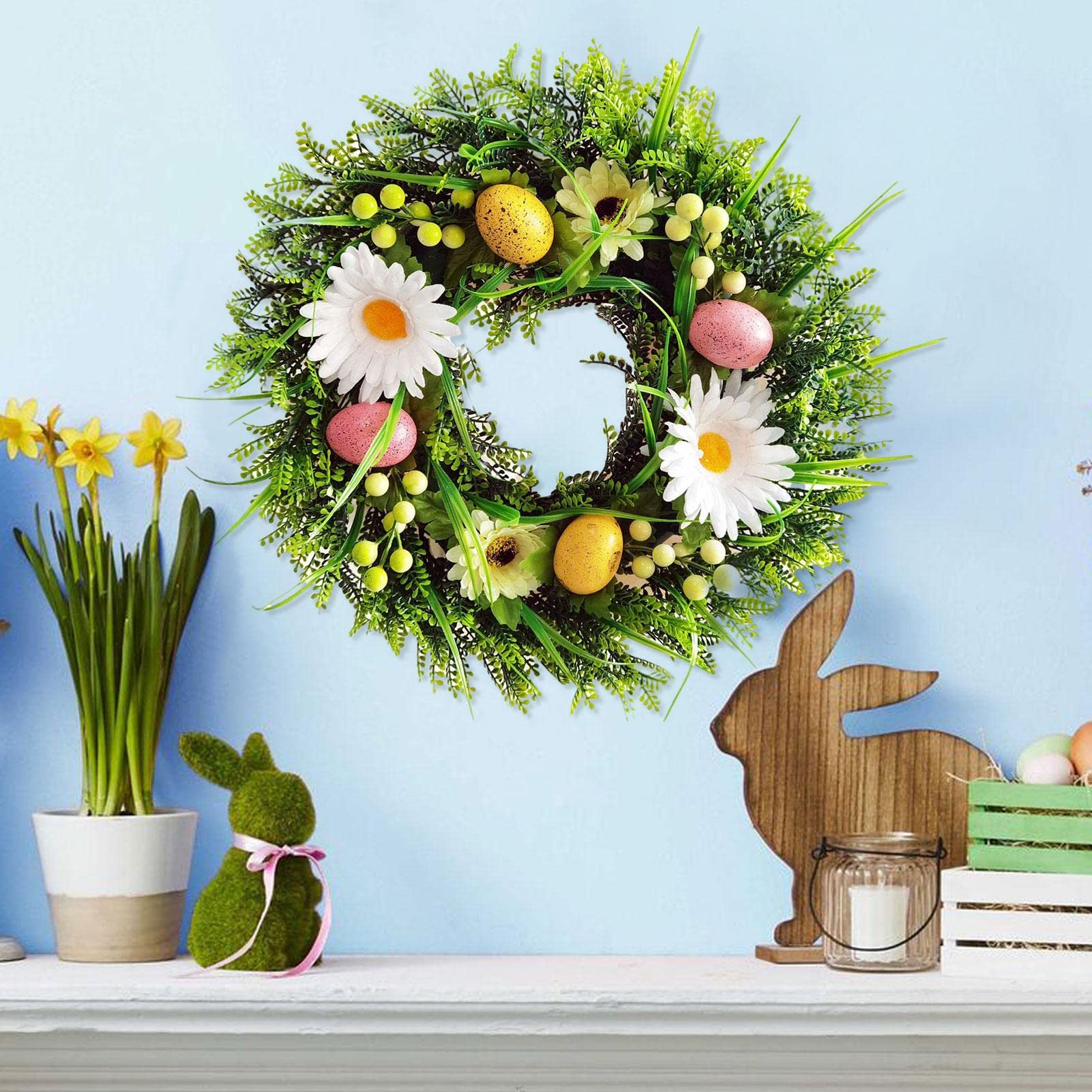 Ghirlanda Pasquale Artificiale J'FLORU 50 Cm Con Uova E Bacche Colorate - Per Porta D'Ingresso, Finestre E Pareti - Decorazione Fai Da Te