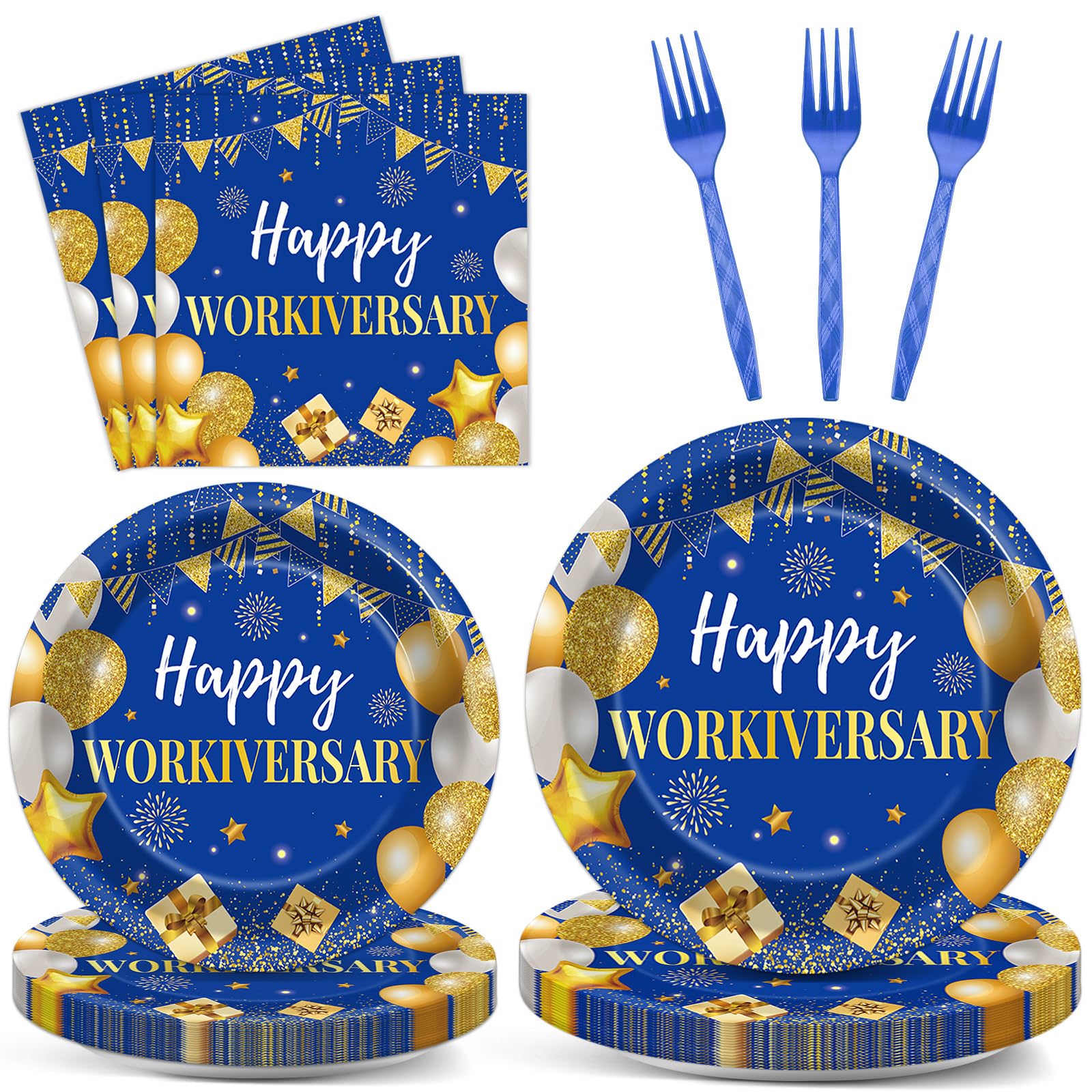 Justforjoyful 96Pcs Happy Work Anniversary Party Supplies Blue Gold Happy Workiversary Tableware Dinnerware Set Worker Appreciation Plates Napkins