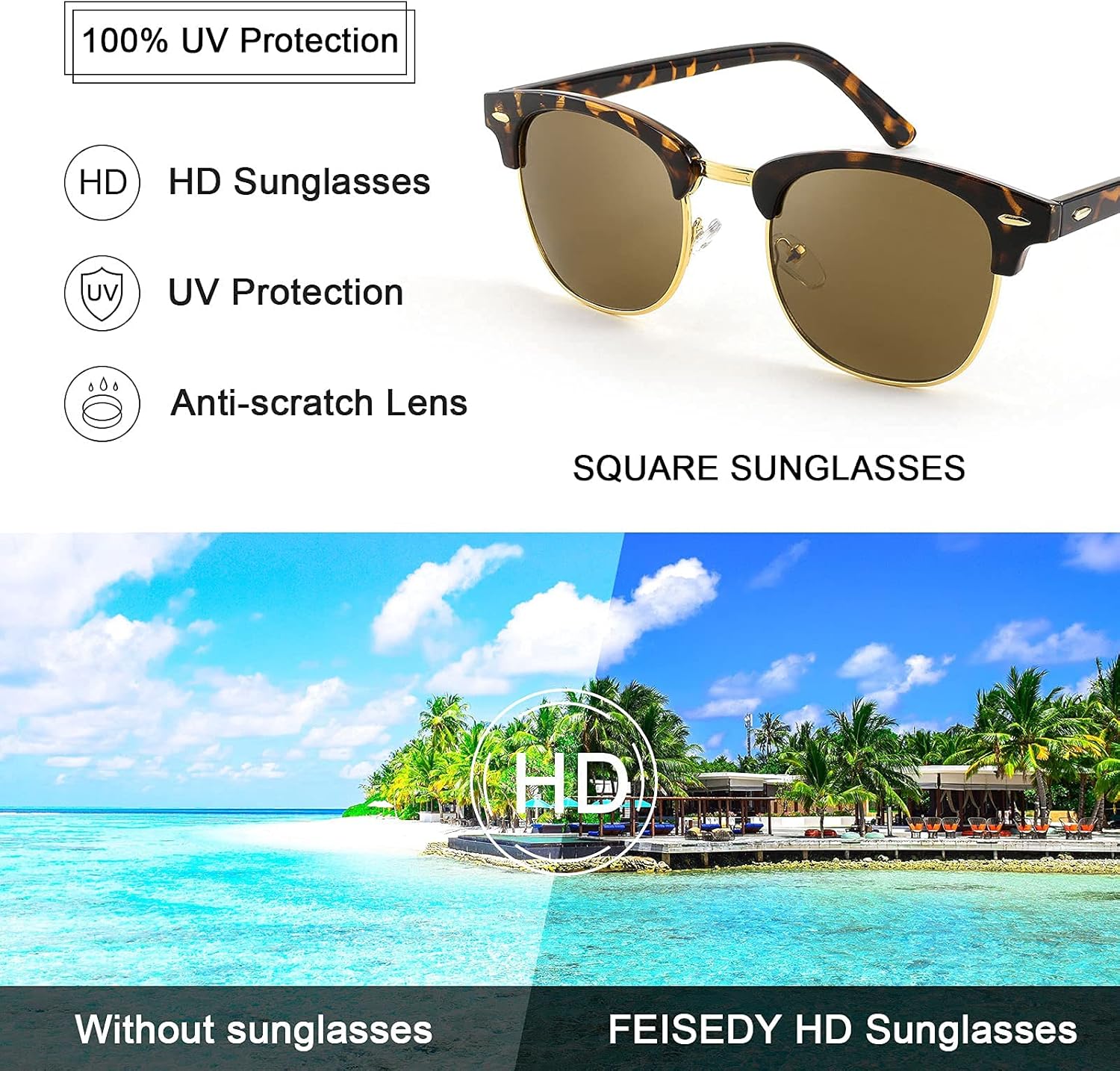 FEISEDY Sunglasses for Men Women Finish Semi-Rimless Frame Driving Sun glasses Mirror Lens 100% UV Blocking B2242 (3 Pack)