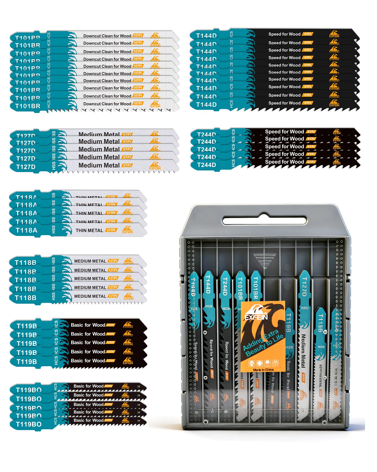 50PCS Jigsaw Blades Set, EXFEIN Assorted T-Shank Jig Saw Blades for Wood, Plastic and Metal Cutting (T118A,T118B,T127D,T119B,T119BO,T101BR,T144D,T244D) โ image 1