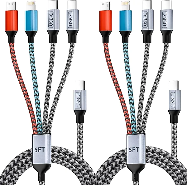 USB C 4 IN 1 Multi Charging Cable, Travel Essentials with Dual Type-C/Micro/IP Port, 2 Packs 5FT Nylon Multiple Charger Cord for iPhone 17 Pro Max/17 Air/16/15/14, Galaxy S25, iPad, Andorid and More
