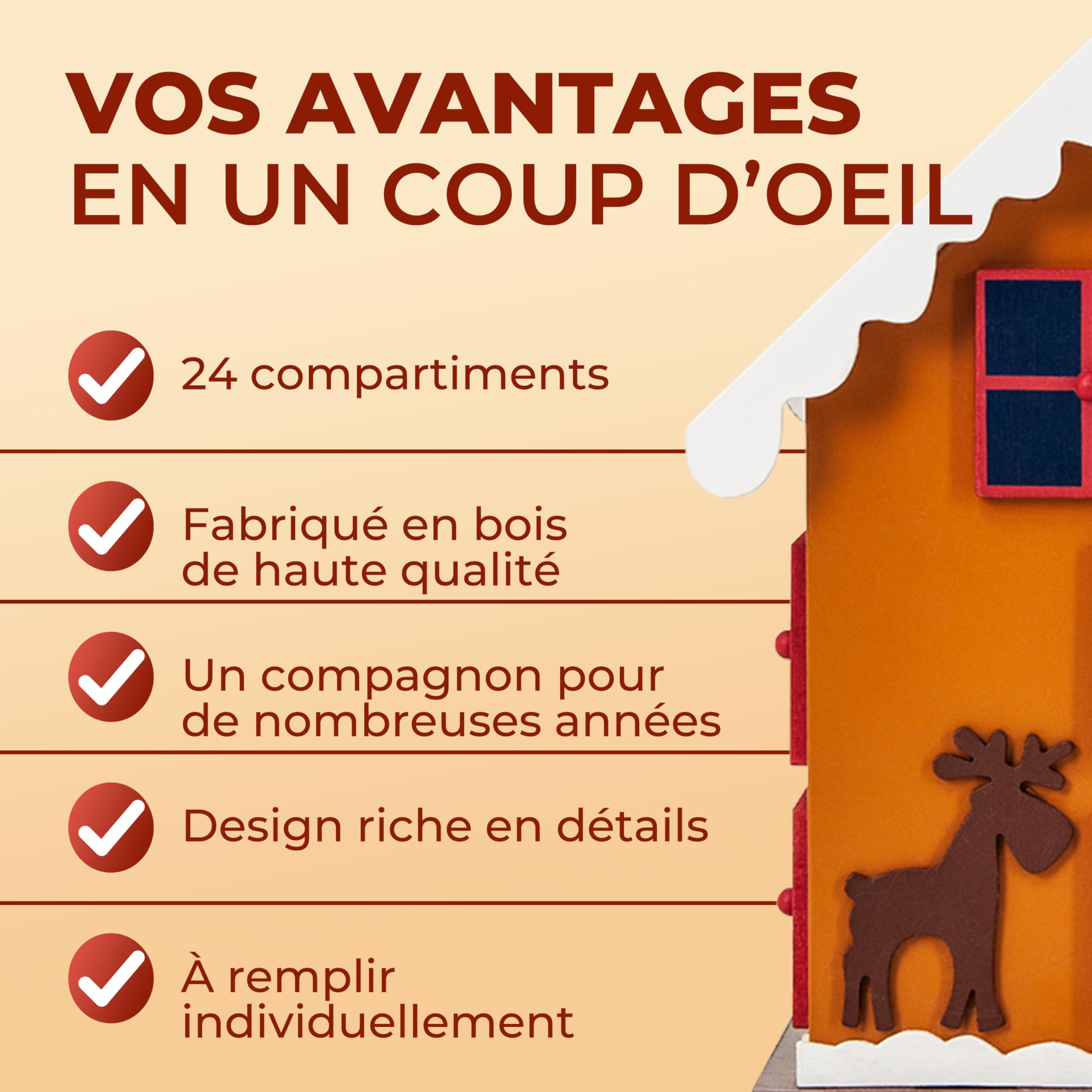 Spielwerk Calendrier de l'Avent en Bois Réutilisable 24 Tiroirs Maison en Pain d'épices