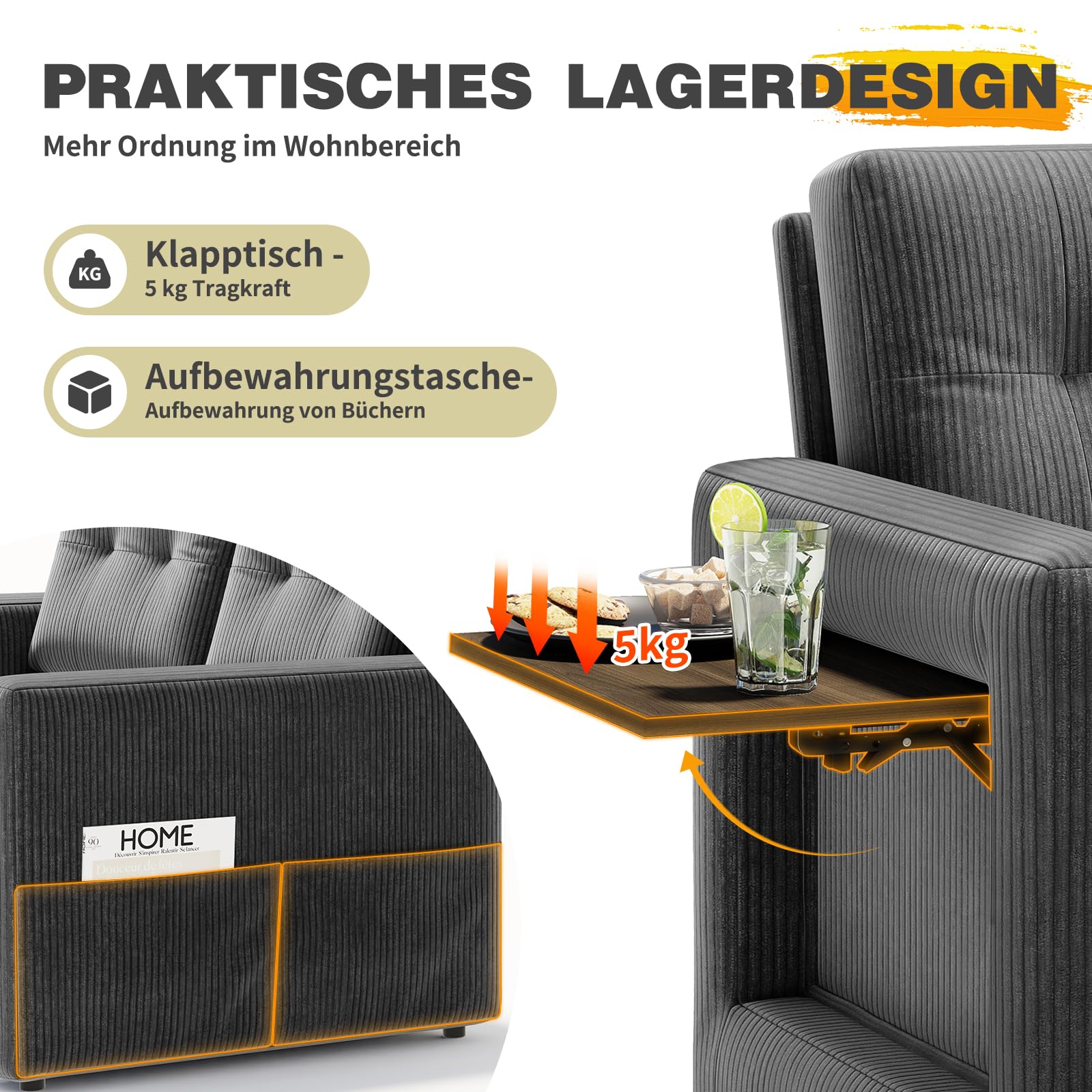 YOUDENOVA Schlafsofa mit 5-stufig Verstellbarer Rückenlehne, 2 Sitzer Sofa mit Schlaffunktion, Sofa Bed mit Tisch, Schlafcouch mit Bettfunktion, Couch Ausziehbar, 177x135 cm, Cord Grau