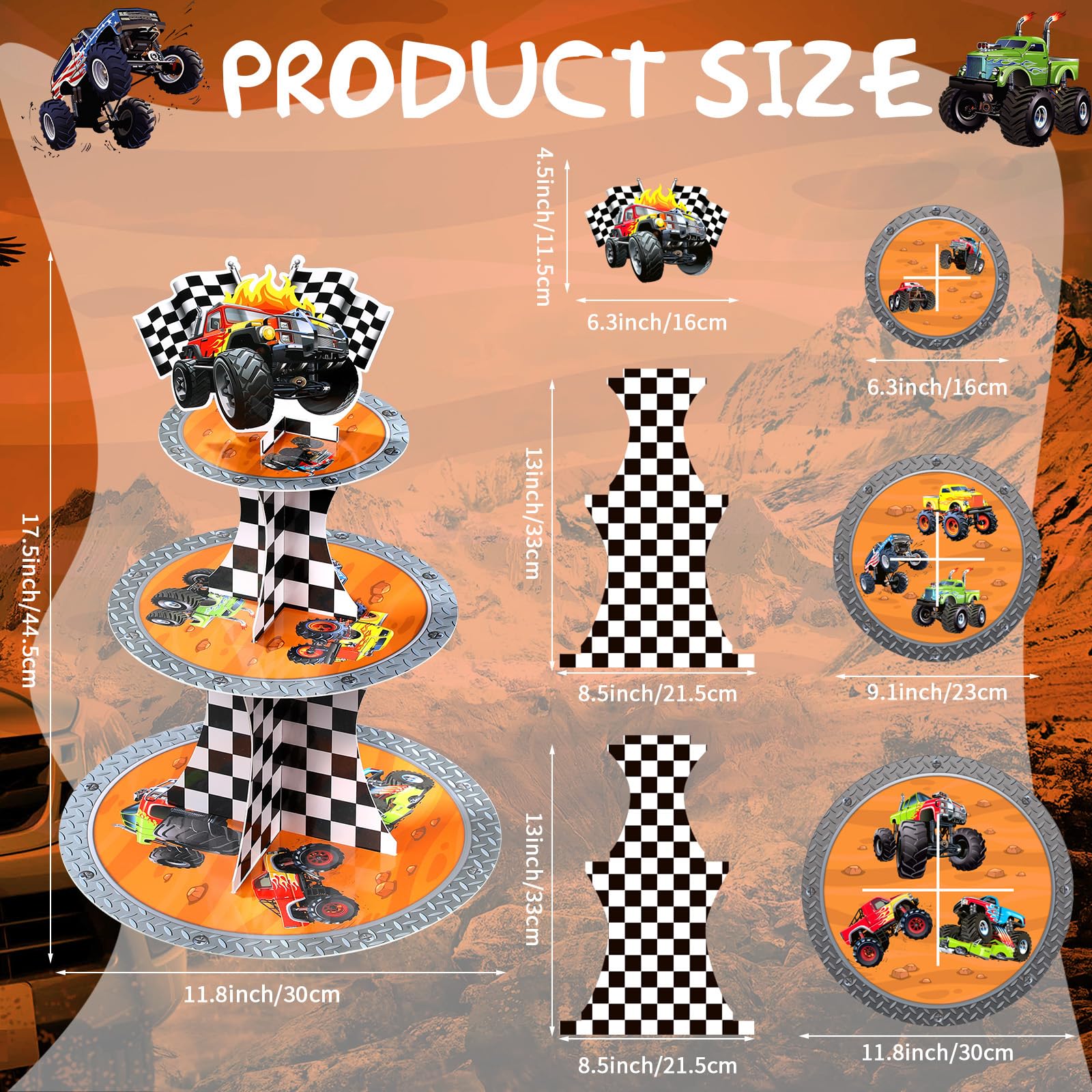 Nuenen 3 Tiers Truck Birthday Cupcake Holder Checkered Flags Truck Car Party Supplies Construction Stand Monster Themed Cardboard Cupcake Tower for Monster Birthday Baby Shower Party Decor