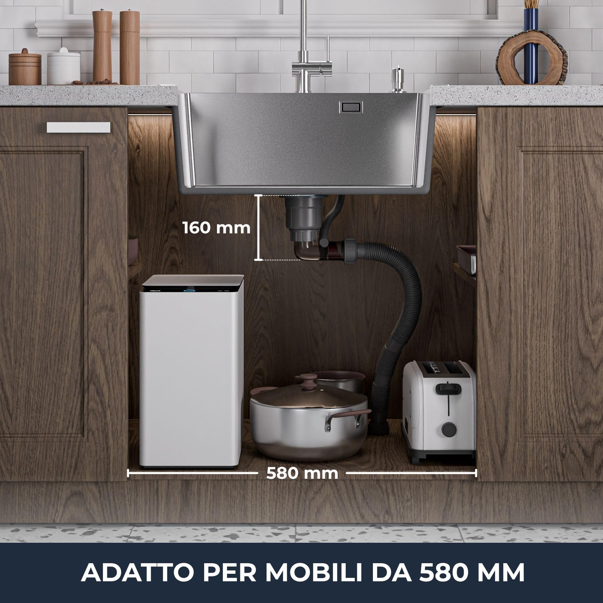 ANW HOME Lavello Cucina 1 Vasca, Lavandino Cucina in Acciaio Inox 304 con Montaggio Superiore, 60x50 cm, Argento, Finitura Nano, Spessore 3+1 mm, Profondità 22 cm, con Sifone