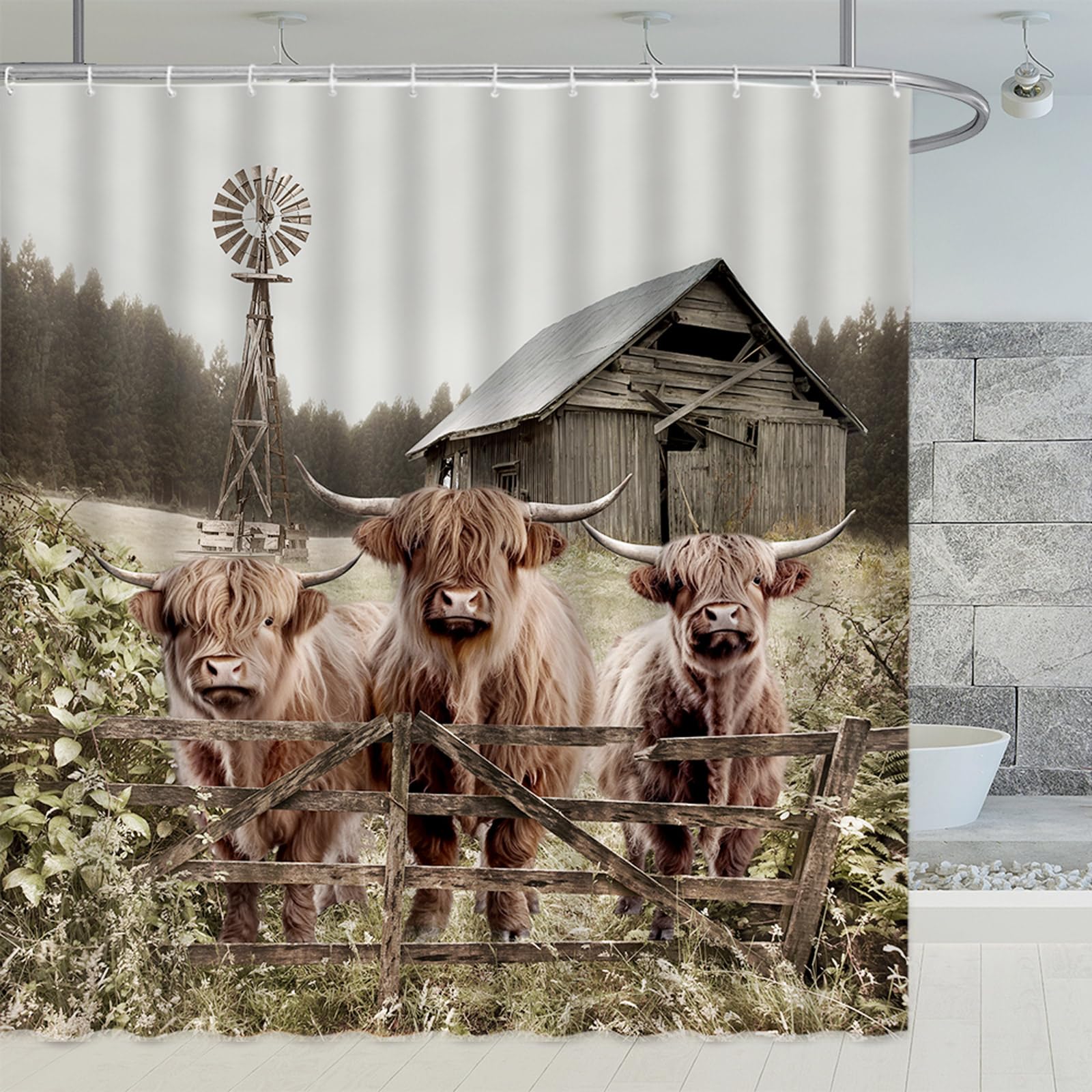 Divertente Get Nudo Tenda Doccia Farmhouse Animal Highland Mucca in Vasca da Bagno Grigio Tessuto Bianco 70wx70h
