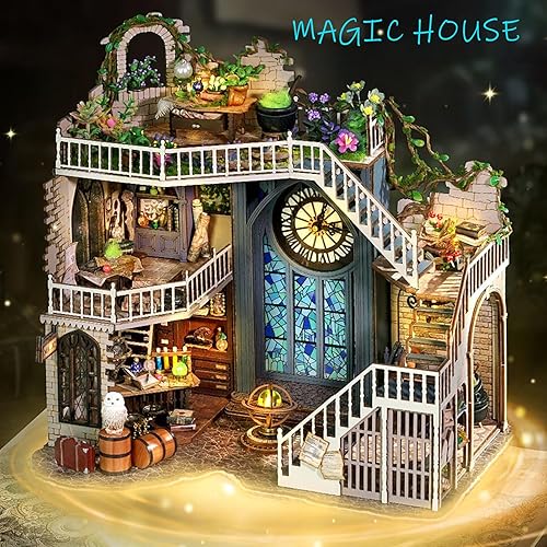 Miniatura 9 de Spilay Kit de muebles de madera de casa de muñecas en miniatura, modelo moderno hecho a mano con cubierta antipolvo, casa de muñecas creativa a