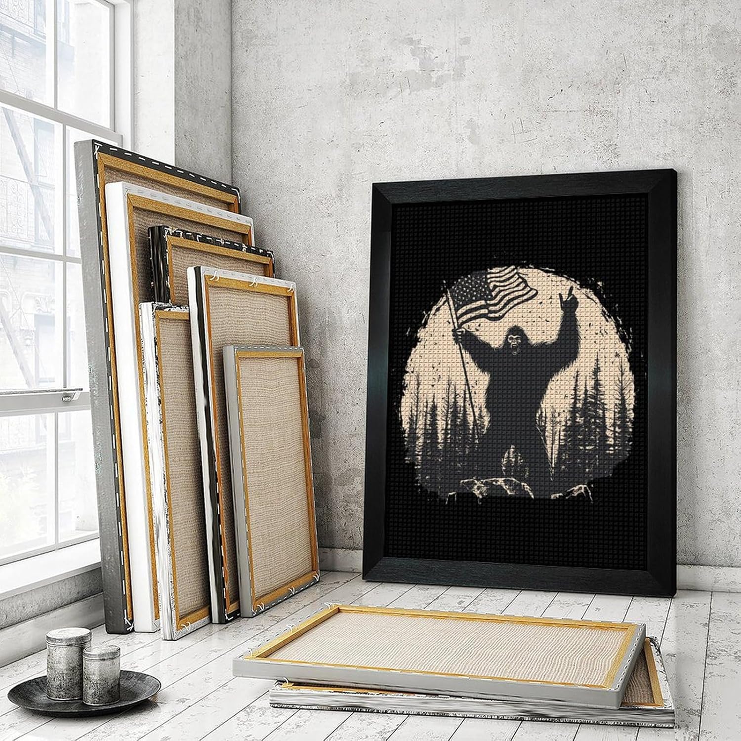 Bigfoot Holding U.S Flag Diamond 5D Painting Kits with Frame DIY Full Round Drill Gem Art Crafts for Home Wall Decor 16 X 20in Blackwood 40 * 50cm