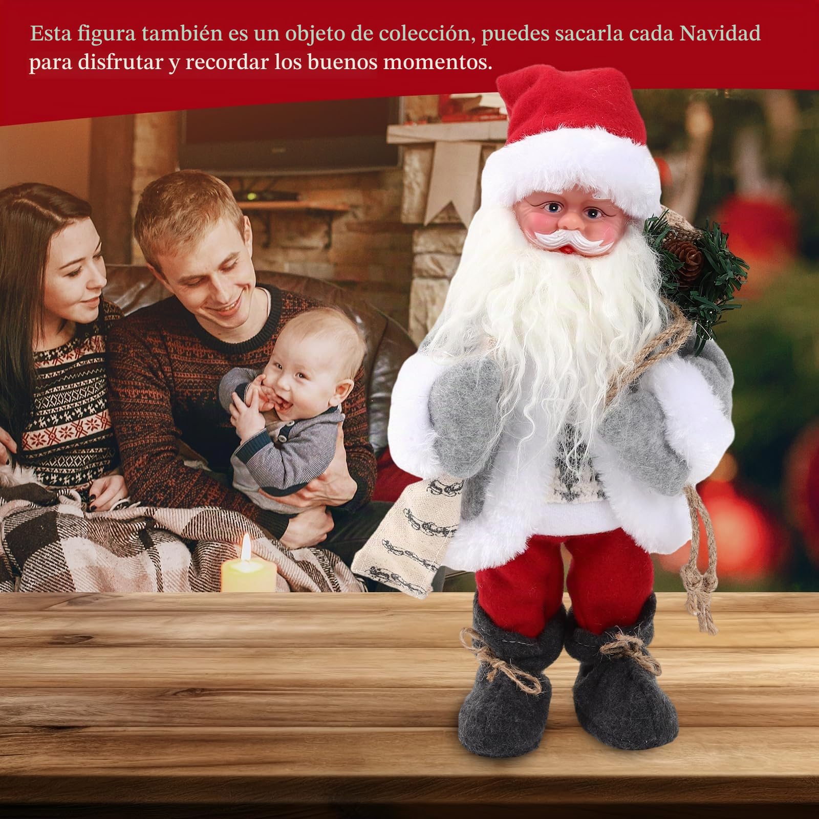 Gfilay Papá Noel Animado con música y Brazos móviles | Figura musical de Papá Noel con libro y saco de regalos, decoración navideña de interior para el hogar