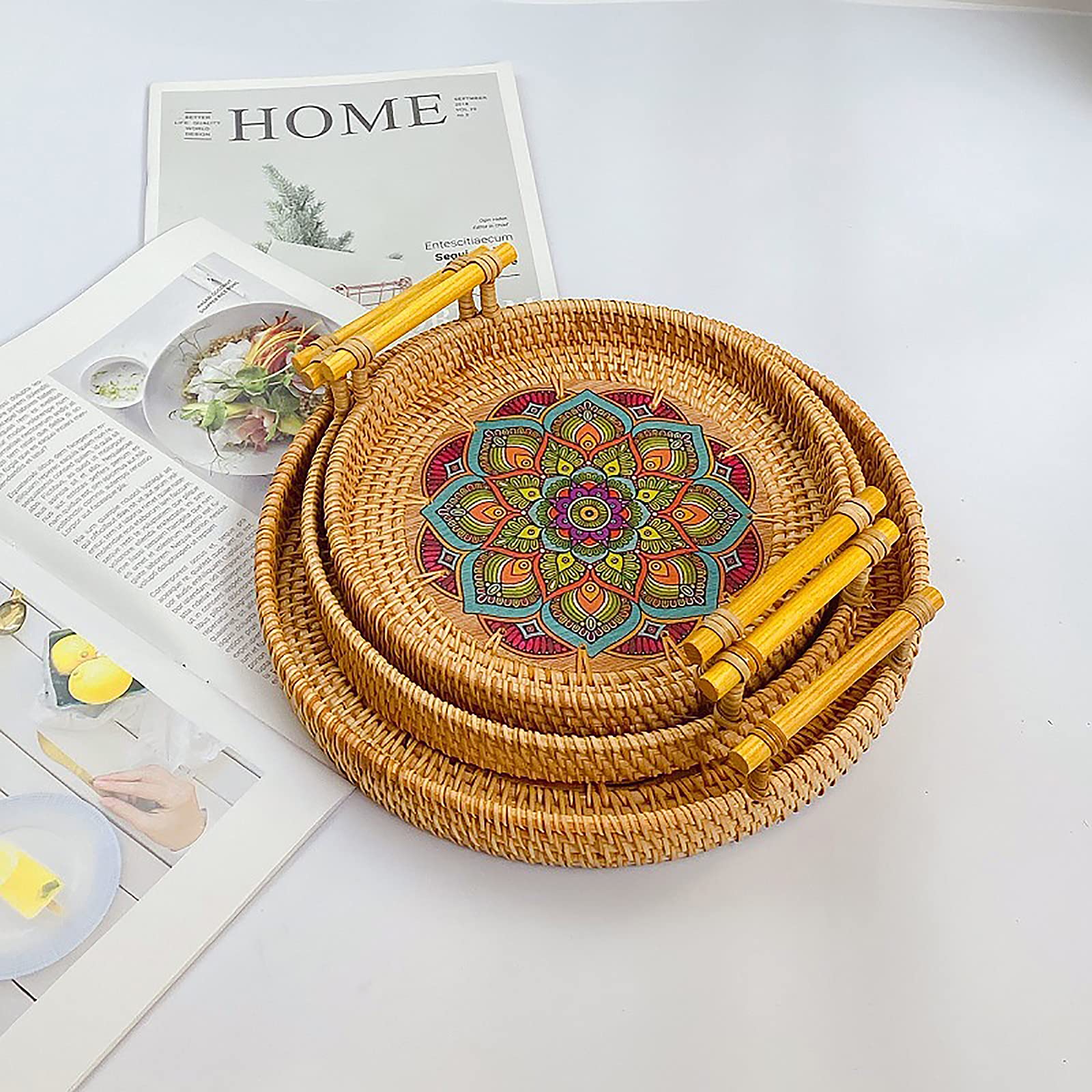 RXMORI 3 Pcs Rattan Serving Tray with Handles, Woven Wicker Tray Round Shallow Rattan Basket, Rattan Fruit Tray Cracker Boho Tray Decor for Serving Bread Vegetable Snack(#6)