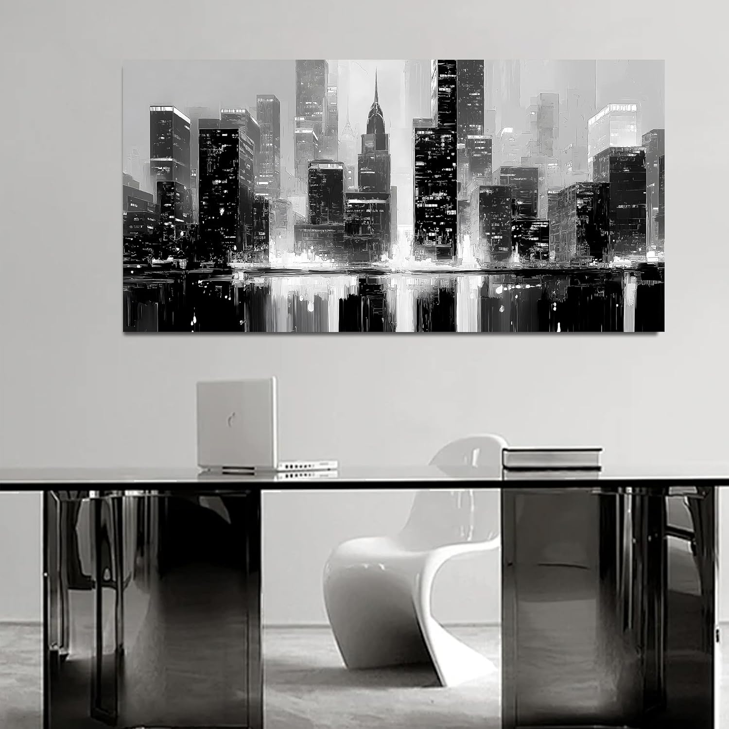Trogonup Black and White New York City Wall Art for Living Room Manhattan Skyline Cityscape Night View Canvas Prints Modern Large Artwork for Bedroom Office Home Decor 20"x40"
