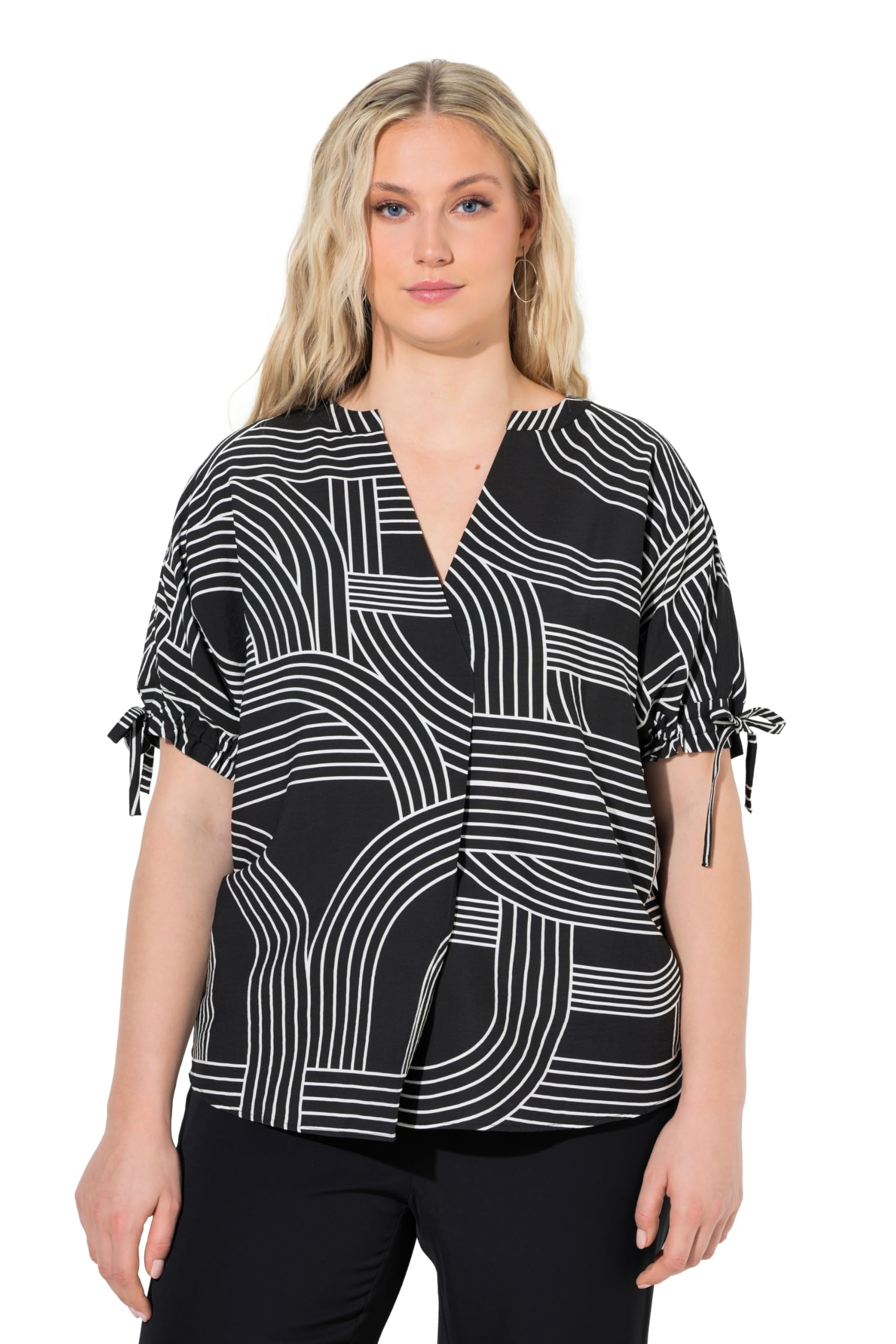 Ulla Popken Damen große Größen Übergrößen Plus Size Bluse, grafischer Druck, Zierfalten, V-Ausschnitt, Halbarm 848047