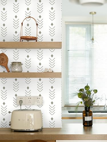 Miniatura 7 de Ismoon Papel tapiz geométrico para despegar y pegar, estilo bohemio, moderno, papel de pared de espiga para despegar y pegar, 16.1 x 78.7 pulgadas,