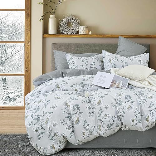 Miniatura 1 de Edredón de algodón floral tamaño King, edredón gris claro impreso con flores vintage marfil y estambres amarillo oscuro, juegos de ropa de cama