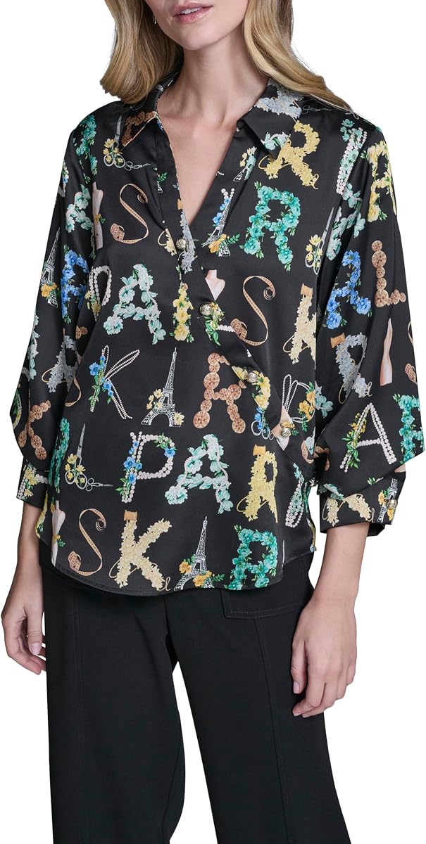 Karl Lagerfeld Women's 3/4 Sleeve Collar Button Down All Over Print Surplice Blouse