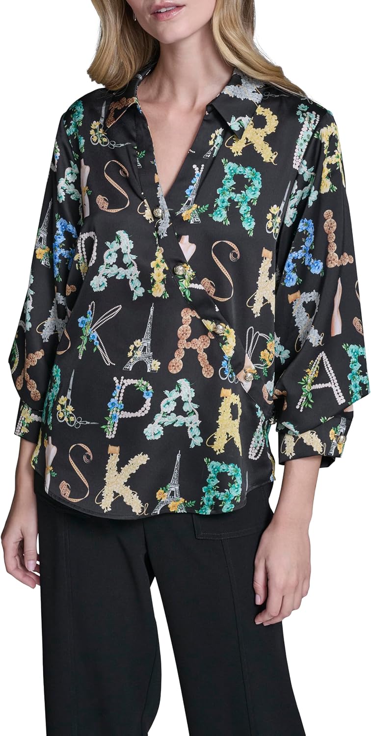Karl Lagerfeld Women's 3/4 Sleeve Collar Button Down All Over Print Surplice Blouse
