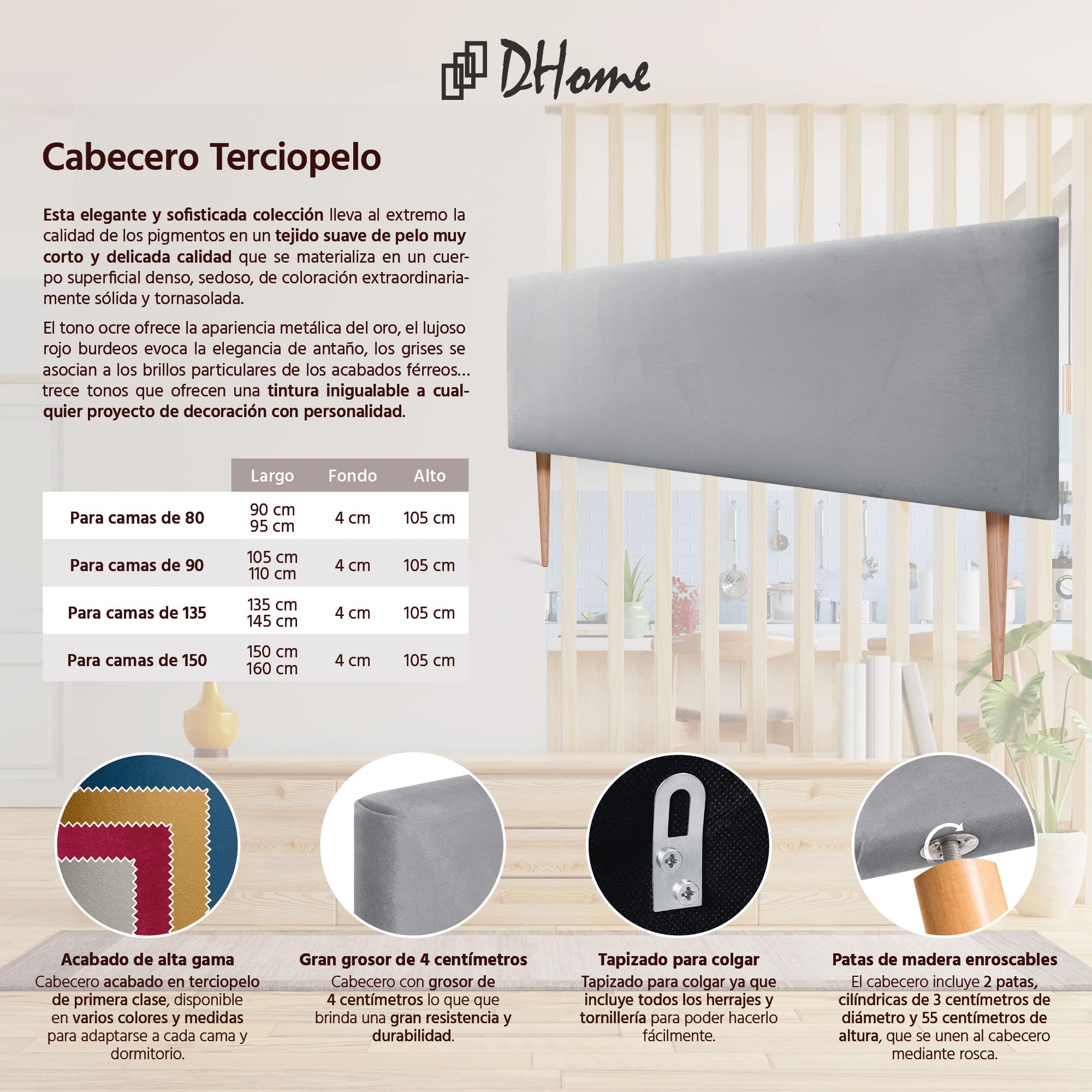 DHOME Testiera capitonné Aqualine in tessuto 90x115 cm con gambe letto 80/90 - Lilla