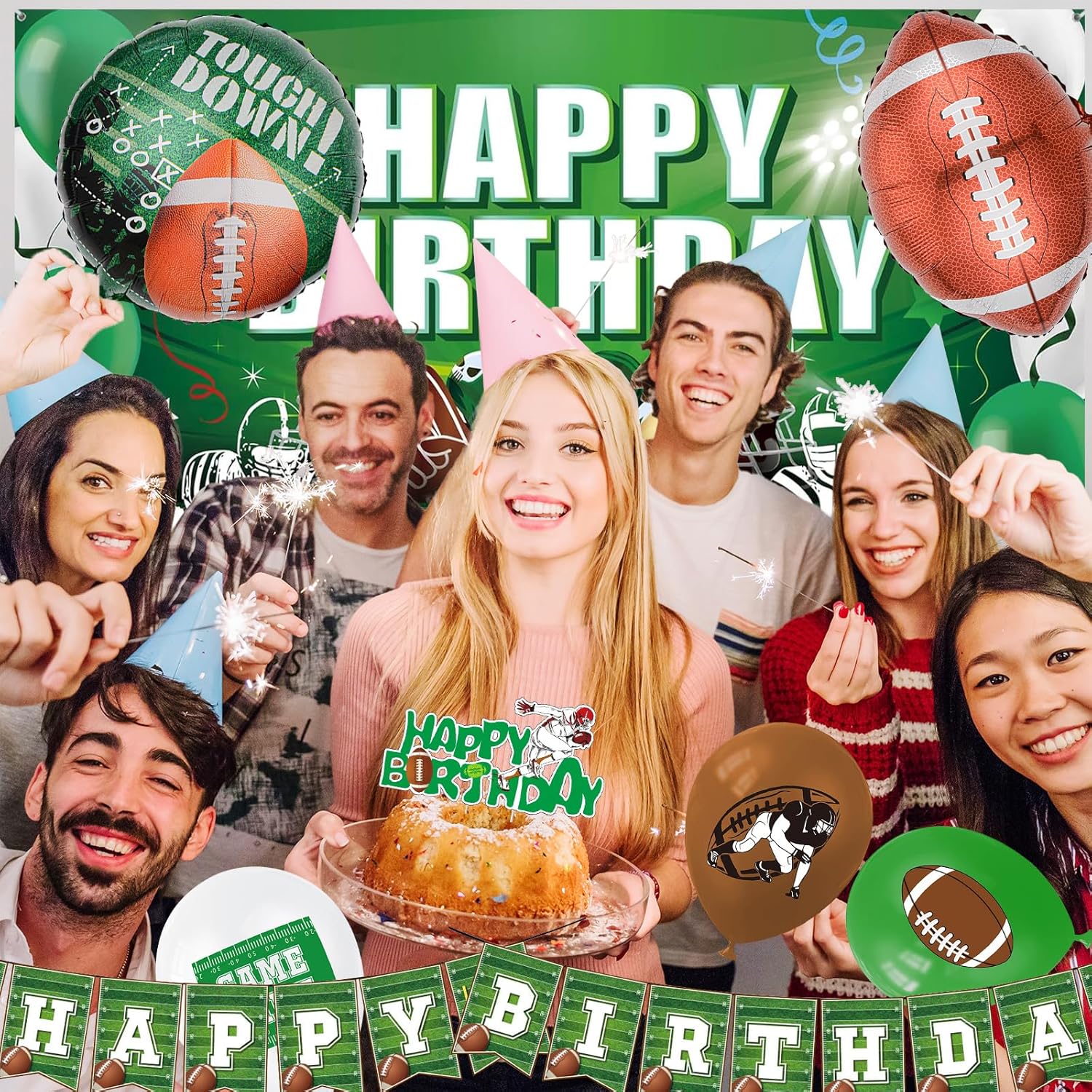Football Birthday Party Decorations with Balloons Banner Cupcake Toppers Tablecloth & Backdrop and Paper Food Tray for Football Game Day Tailgate Party Decorations - Image 5