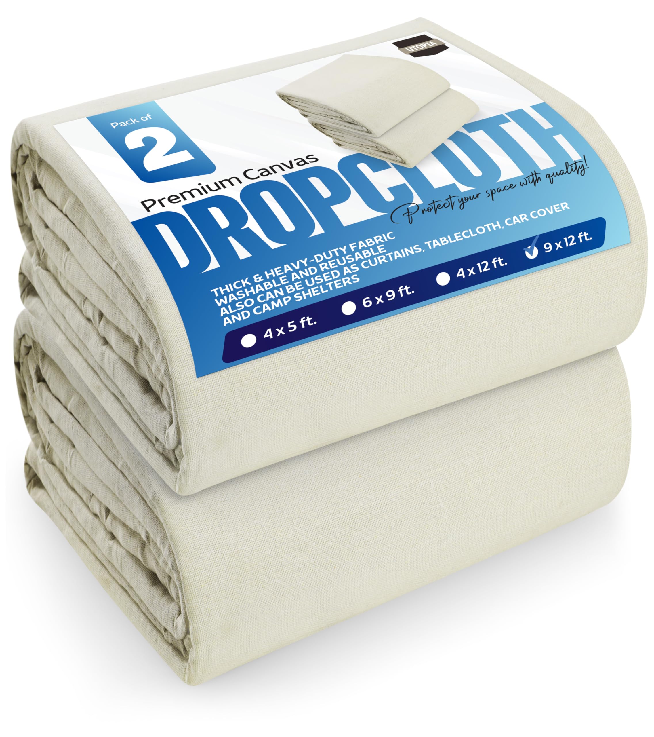 utopia drop cloth for painting (9x12 ft, 2 pack) washable and reusable canvas fabric for furniture & floor protection highly absorbent paint cover - duck dropcloth for outdoor and indoor use
