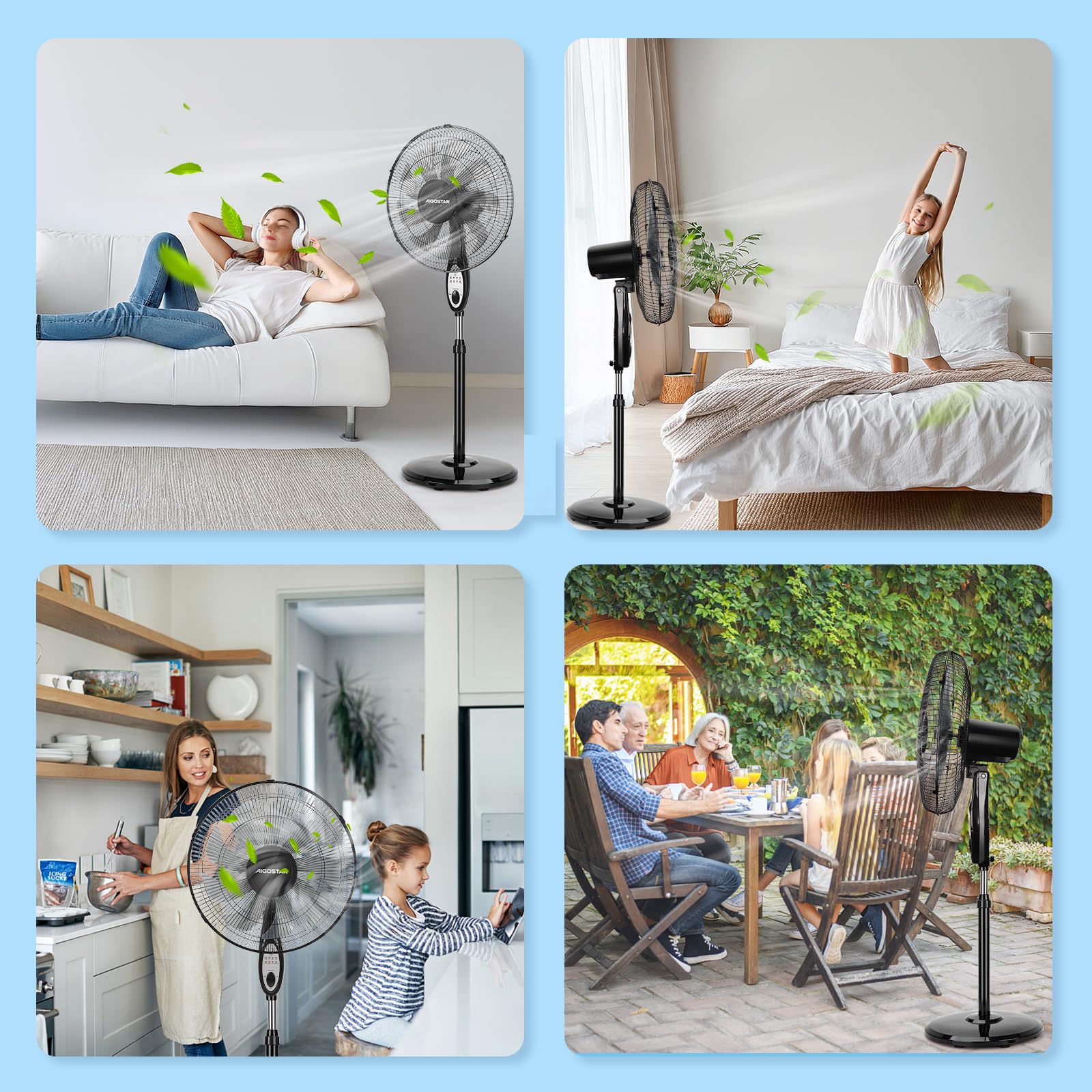 Aigostar Ventilateur sur pied silencieux, 9 pales, télécommande, 3 vitesses, 3 modes, minuterie de 7,5 heures, oscillant à 80°, ventilateur à hauteur réglable, base antidérapante, 60 W, Carr