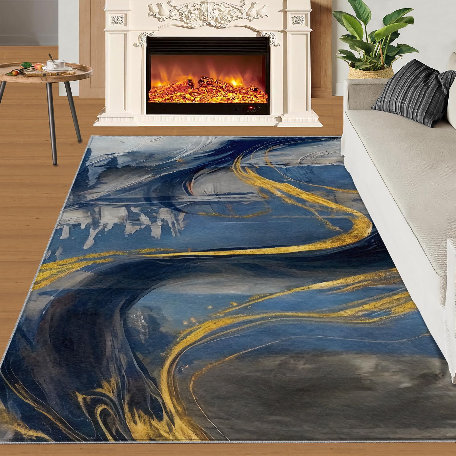 Tapis Abstrait dégradé pour Chambre à Coucher, Cuisine, antidérapant, Lavable, à Poils Courts et Doux, Motif marbré Bleu, Gris, doré, 60 x 120 cm