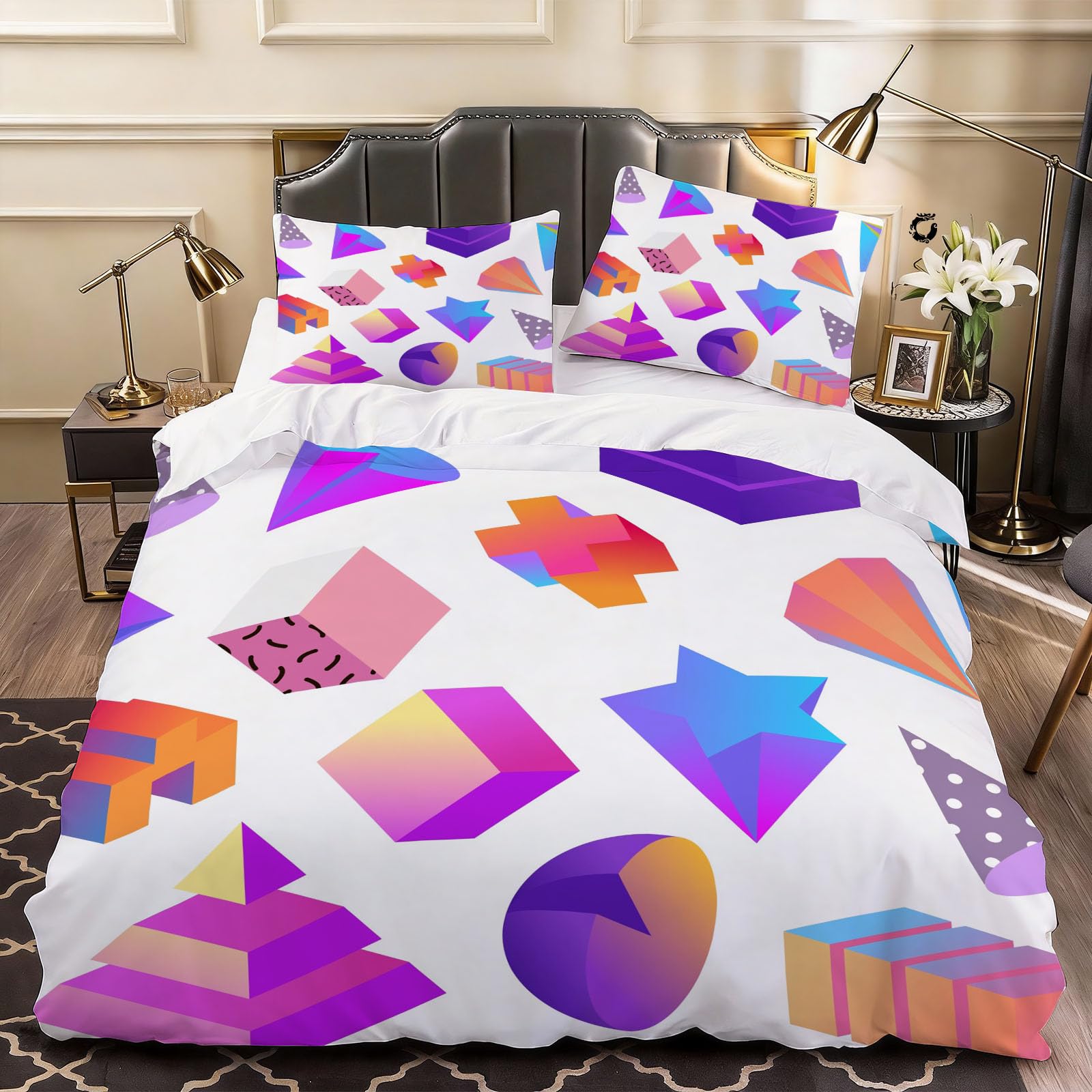 3D Geometric Creativity Duvet Cover Multi Colour Bedding Double Bed Set, Soft Microfiber Comforter Cover Printed with Zipper Closure Quilt Coverr 200x200 cm and 2 Pillowcases