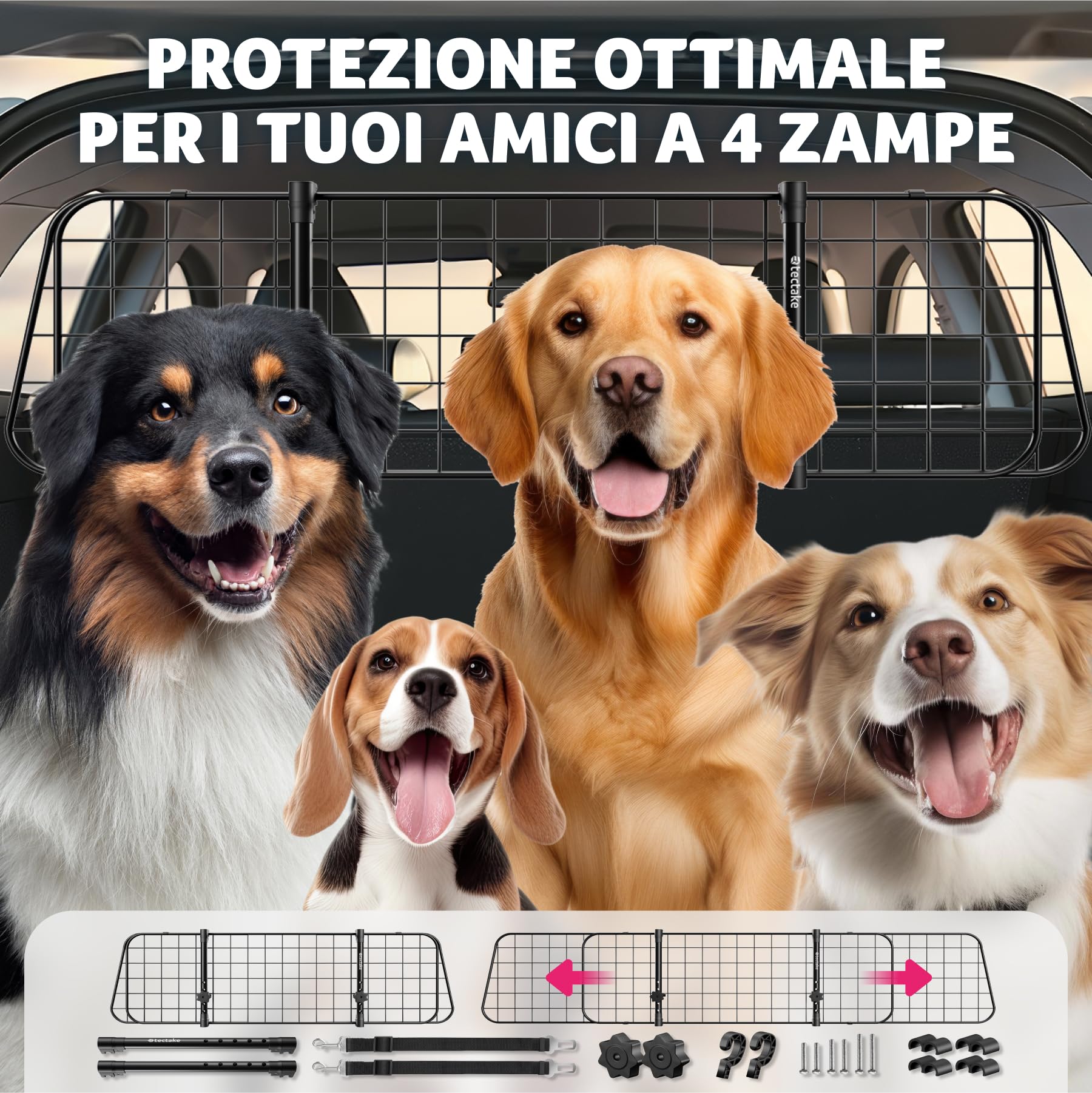 tectake® Griglia di Protezione per Cani Universale in Acciaio, Divisorio di Sicurezza per Cani Regolabile in Larghezza 91,5–154 cm, Rete Auto per Cani Universale con Sistema ad Incastro e 2 Cinture