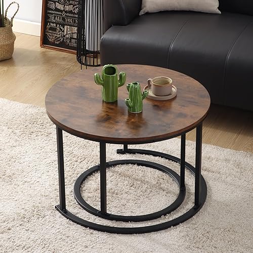 Miniatura 4 de Mesa de centro anidable, mesas redondas anidables de 23.6 pulgadas, juego de 2, mesas decorativas apilables con marco de metal para sala de estar y