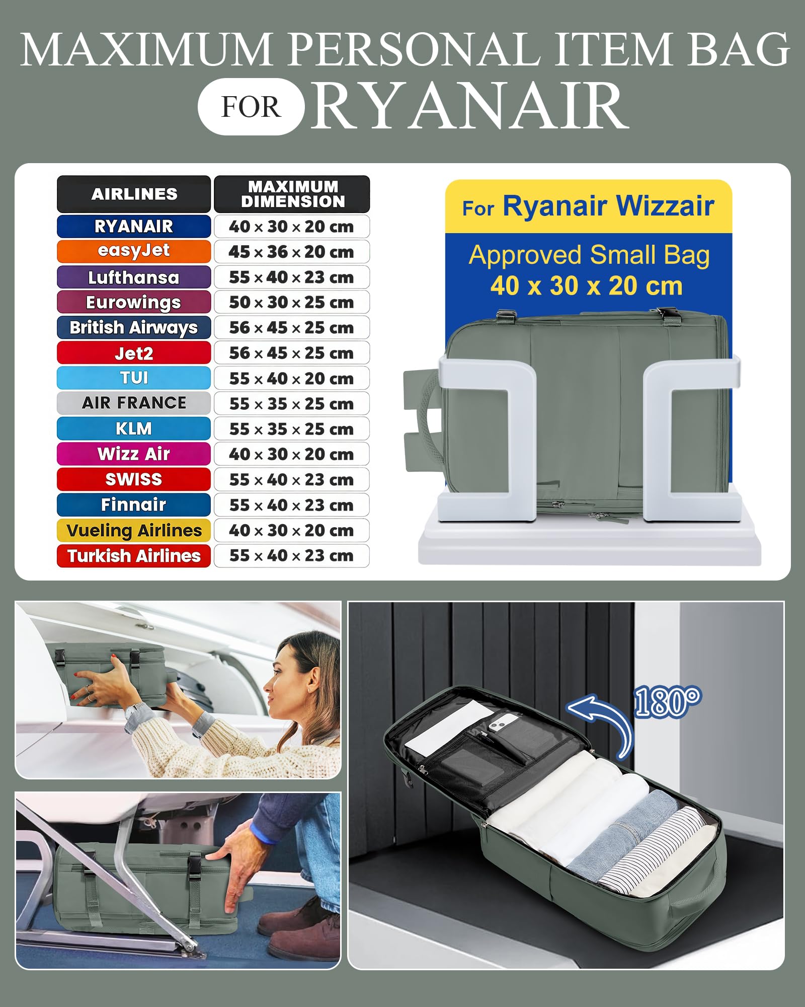 SZLX Zaino Ryanair 40x30x20 Sottovuoto Zaino da Viaggio 40x30x20 Wizzair Donna da escursionismo sportivo impermeabile Zaino Casual Laptop da 14 Pollici con porta di ricarica USB Scomparto per Scarpe