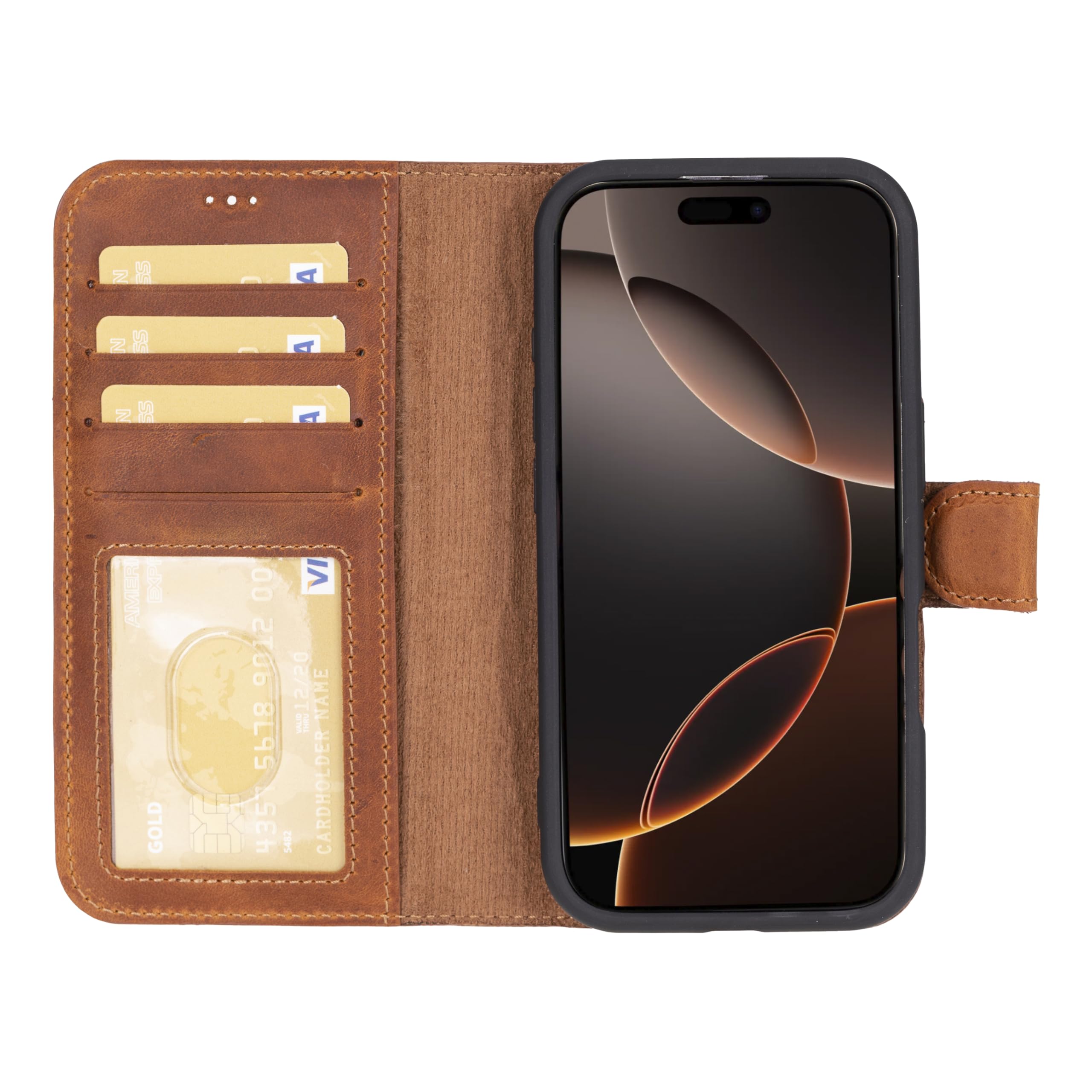 Funda tipo cartera de piel auténtica compatible con iPhone 16 Pro, carga inalámbrica magnética (compatible con MagSafe), funda tipo libro con tarjetero, bloqueo RFID, soporte, 6.3 pulgadas (marrón