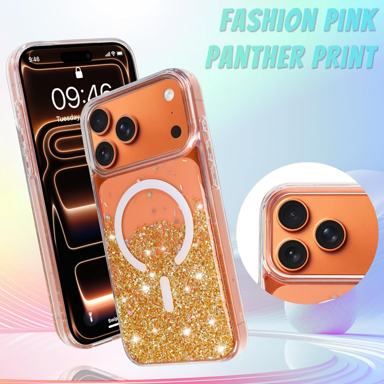 Bonoma for iPhone 17 Pro Max Case 2025 Sparkly Glitter Bling Back, Magnetic Compatible with MagSafe Shockproof, Crystal and Clear High-Duty Protection for Girls Women -Sparkly Gold - Image 2