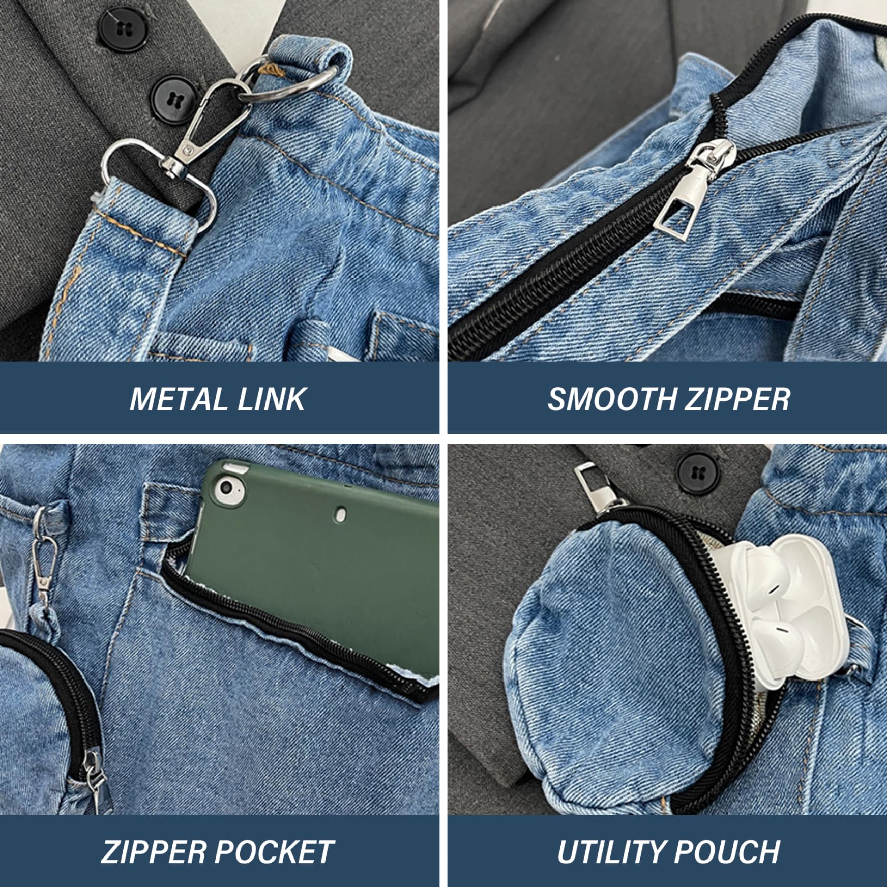 Borsa in Denim da Donna Borsa a Tracolla in Denim Casual a Tracolla Multitasche con Tote e Pochette Appesa con Chiusura Cerniera di Capacità, per Donna, Totes