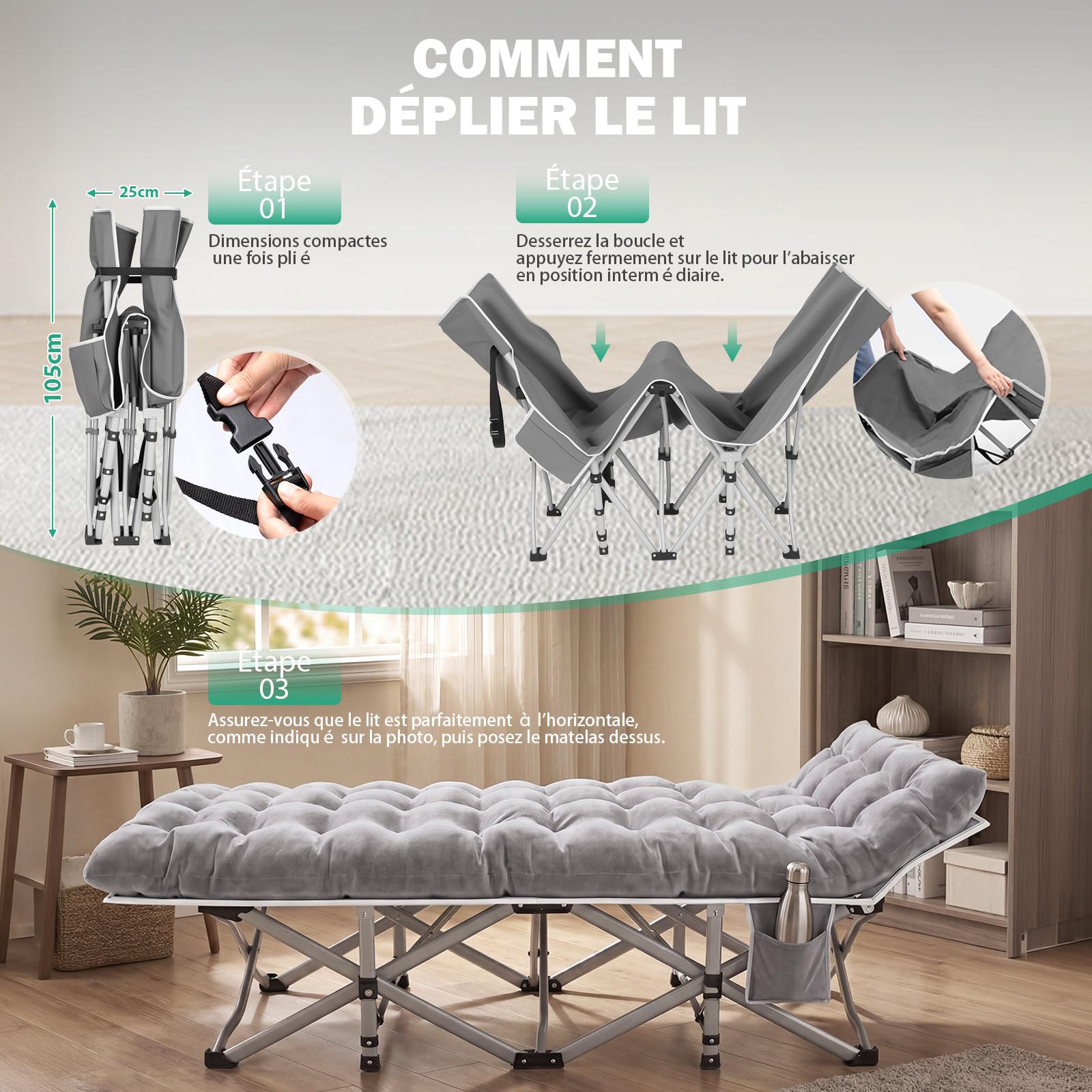 Lit de Camp Pliable Adultes avec Matelas XXL 190 x 80 x 37 cm - lit de Camping Pliant 2 Personnes - Charge Jusqu'à 308 kg - Lit d appoint 1 Personne pour Invités, Bureau ou Voyage